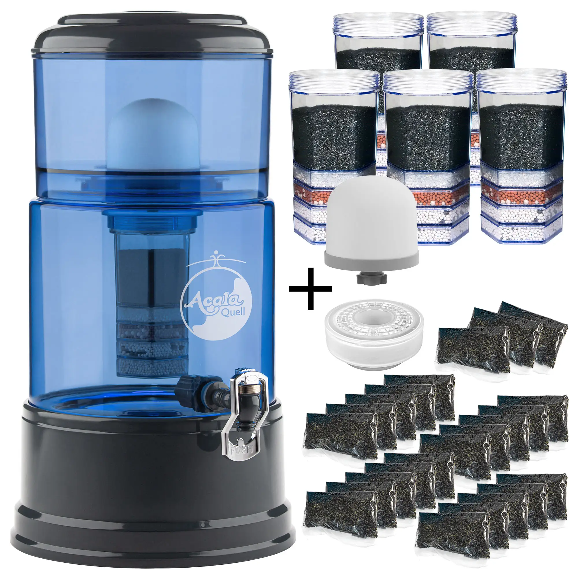 großes Einsteigerpaket AcalaQuell® Advanced Blau/Anthrazit Zu sehen ist der Acala Advanced in blau-anthrazit inklusive Filterkartusche + Keramikfilter. Zusätzlich sieht man 5 Filterkartuschen, eine Kalkfilterdose, 23 Kalknachfüllbeutel + 1 Keramikfilter. Man sieht das große Einsteigerpaket für 2 Jahre.