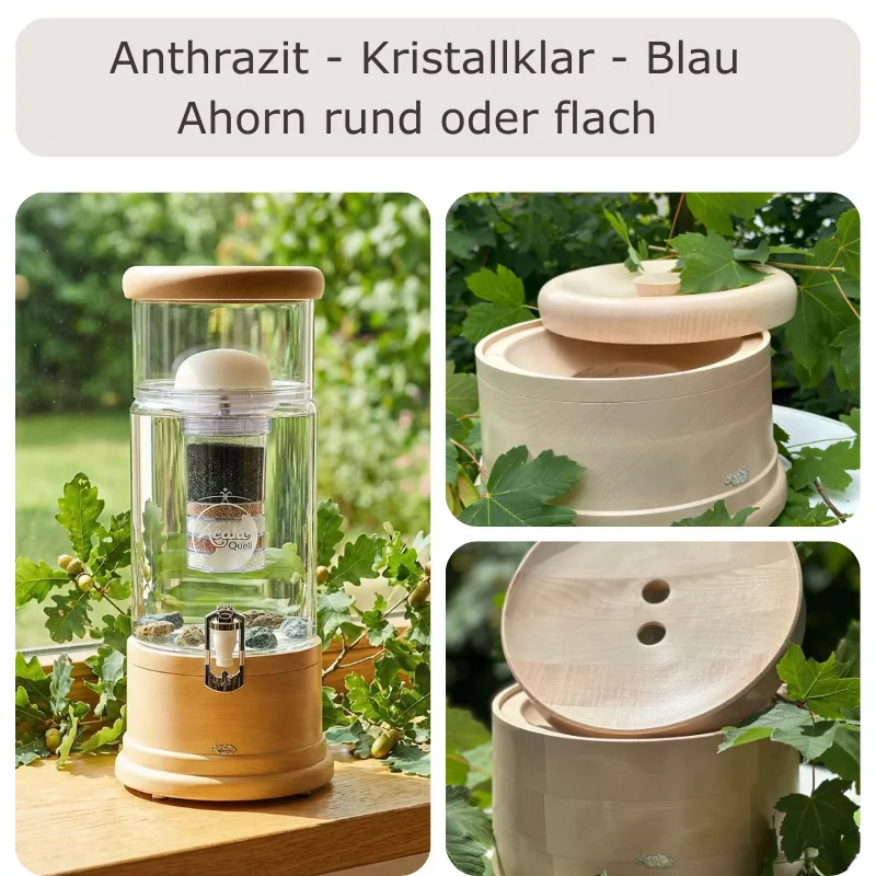 Alle Glas- und Farbvarianten des AcalaQuell Midi Wasserfilters mit Deckel und Sockel aus Ahorn-Echtholz in einer Übersicht dargestellt.