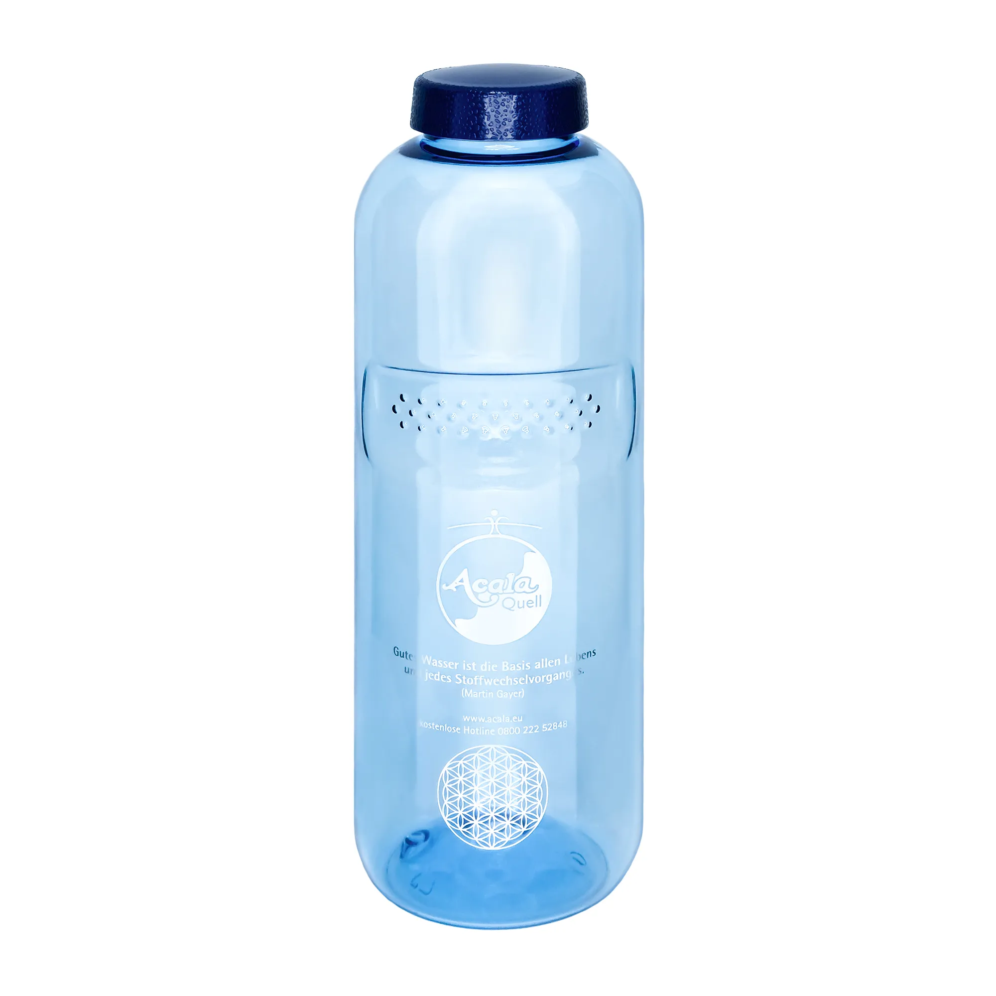 Acala Trinkflasche Grip 1,0 L aus Tritan Eine blaue Tritan Trinkflasche Grip 1L mit dunkelblauem Schraubdeckel vor weißem Hintergrund.