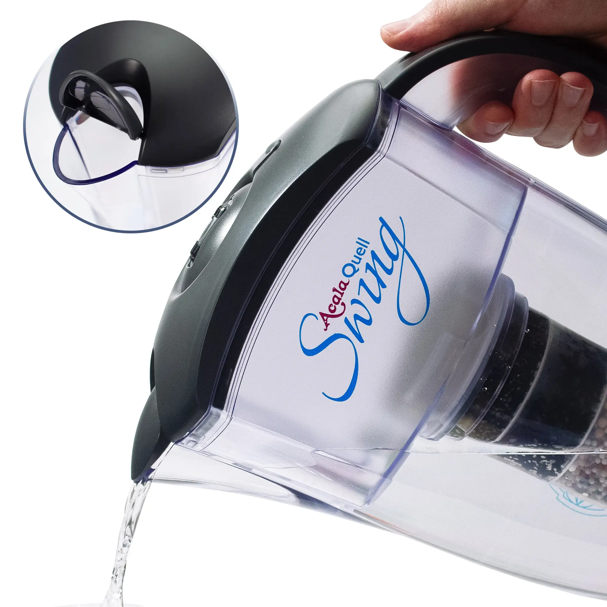 Zu sehen ist der obere Teil des Acala Kannenfilter Swing mit Deckel in anthrazit, Wasser wird ausgegossen. Darüber ein kleineres Bild mit dem Ausguss des Filters in Großaufnahme. Der Ausguss Schnabel in anthrazit ist nach oben geöffnet.