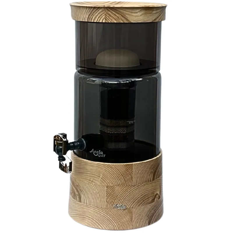Antrazitfarbener AcalaQuell Mini mit Glastank und flacher Holzvariante aus massiver Esche für Deckel und Sockel.