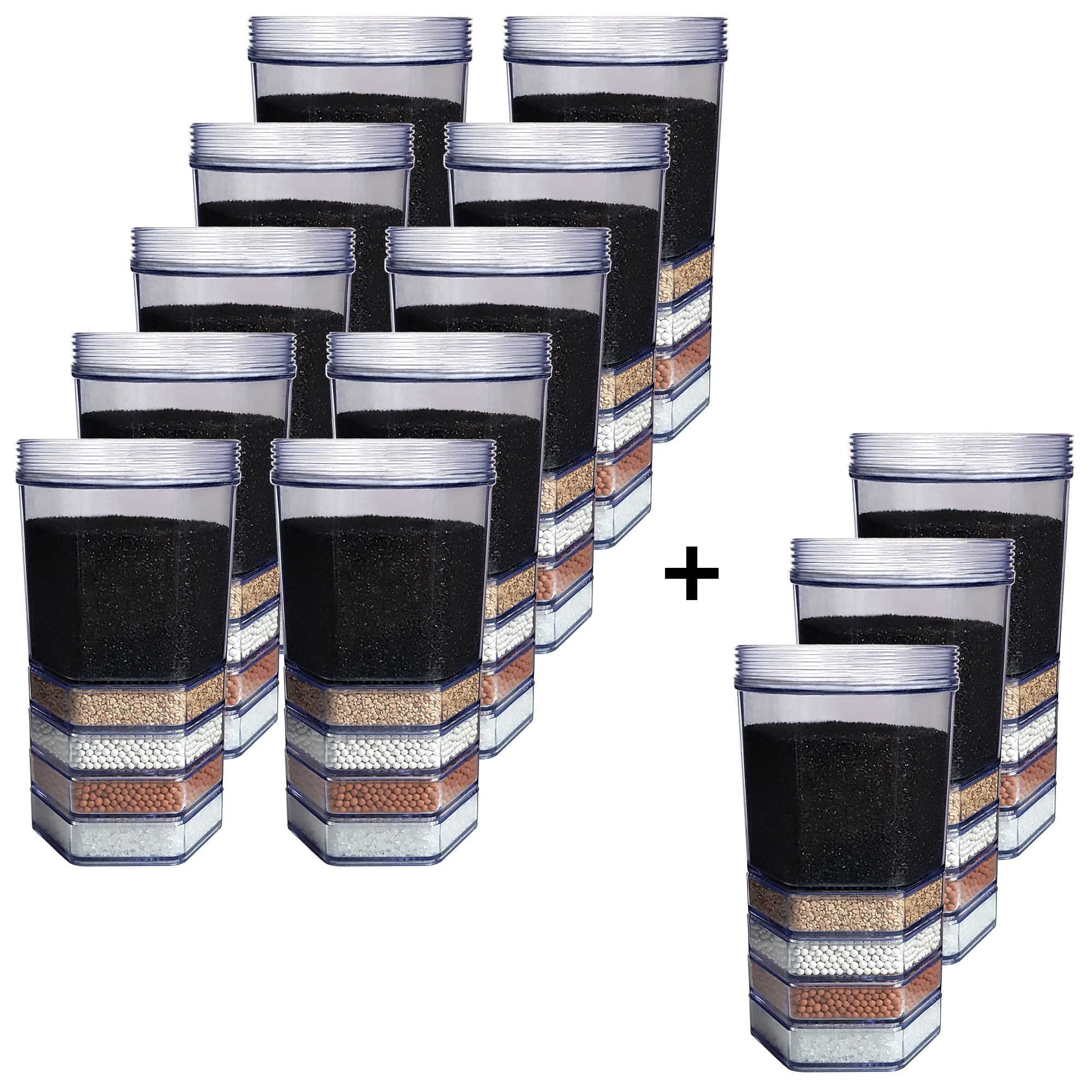 10 + 3 AcalaQuell® Premium Kartusche für AcalaQuell® Smart/Luna/Grande/Mini/ Midi 13 Premium Filterkartuschen für Acala Stand Wasserfilter vor weißem Hintergrund.