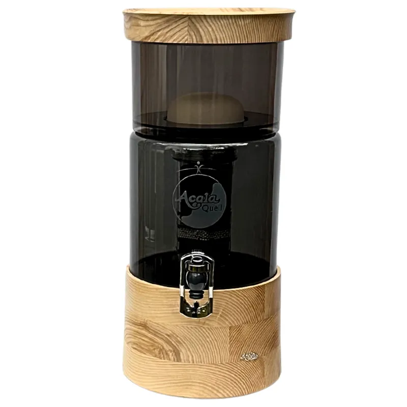 AcalaQuell Mini Wasserfilter mit anthrazitfarbenem Oberbehälter, Glastank, Deckel und flachem Eschenholzsockel