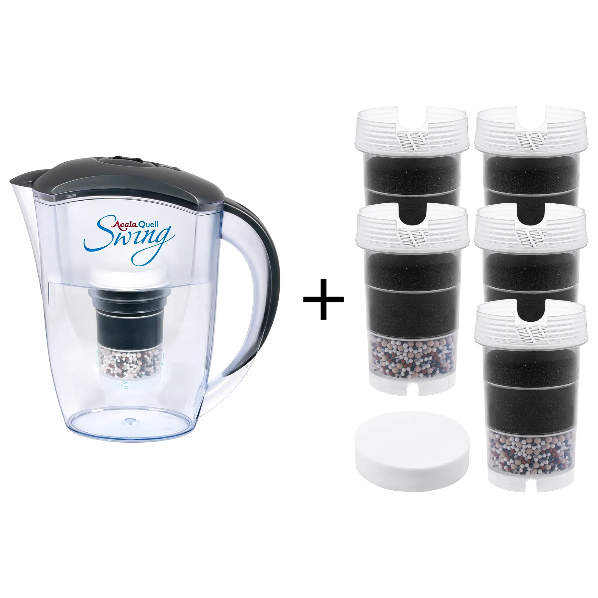 AcalaQuell® Swing - Einsteigerpaket Kannen Wasserfilter Acala Quell Swing mit Deckel, Griff und Ausgussschnabel in anthrazit inklusive einer Filterkartusche und einem Mikroschwamm plus fünf Filterkartuschen und ein Mikroschwamm. Mit diesem Einsteigerpaket ist man für ein Jahr versorgt.