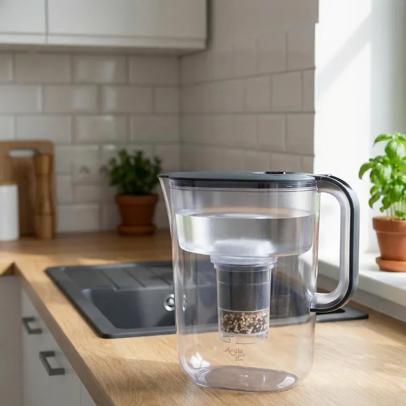 Der KAnnenfilter Taro steht, halb voll mit Wasser, neben einer Spüle in der Küche