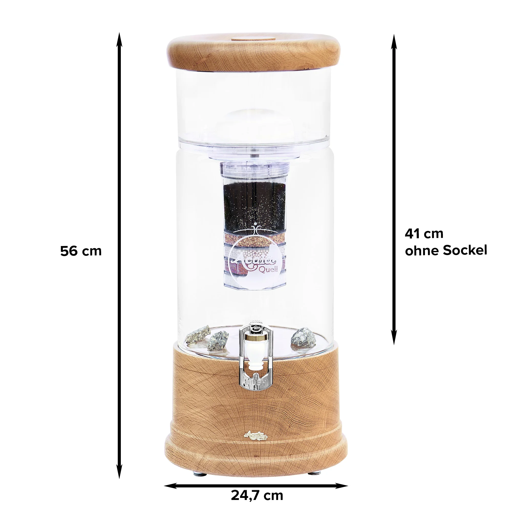 AcalaQuell Midi mit Glastank in kristallklar und Deckel und Sockel aus Eiche Echtholz, weißer Hintergrund. Mit schwarzen Pfeilen sind die Maße gekennzeichnet.