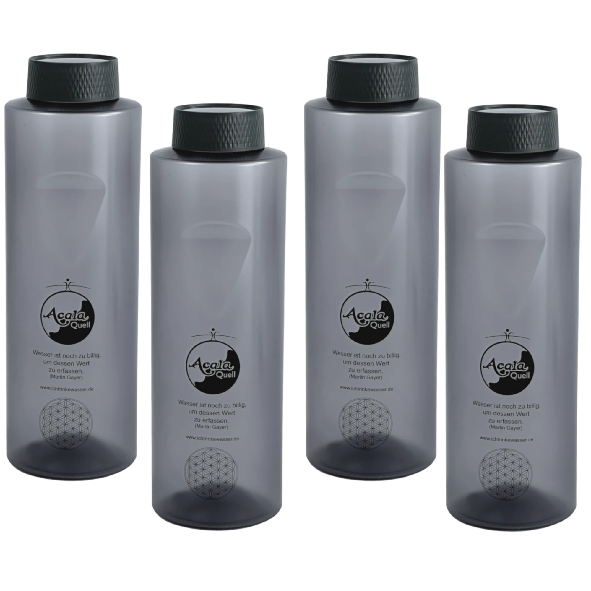 Vier Tritan Trinkflaschen Grip 0,8L in anthrazit mit grauem Schraubdeckel vor weißem Hintergrund.
