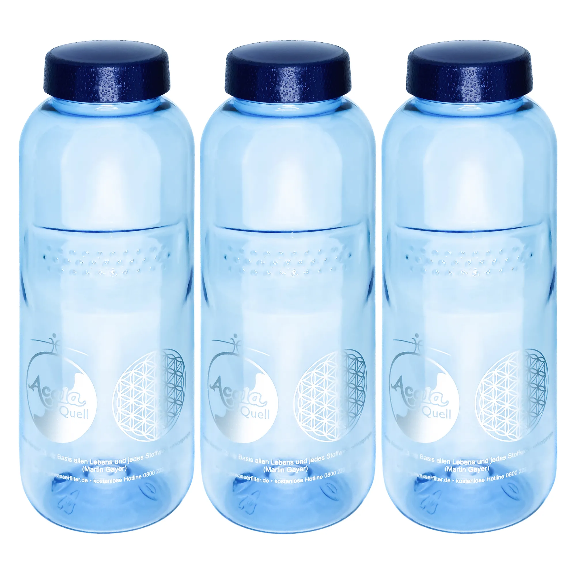 3er Set Acala Trinkflasche Grip 0,5 L aus Tritan Drei blaue Tritan Trinkflaschen Grip 0,5L mit dunkelblauem Schraubdeckel vor weißem Hintergrund.