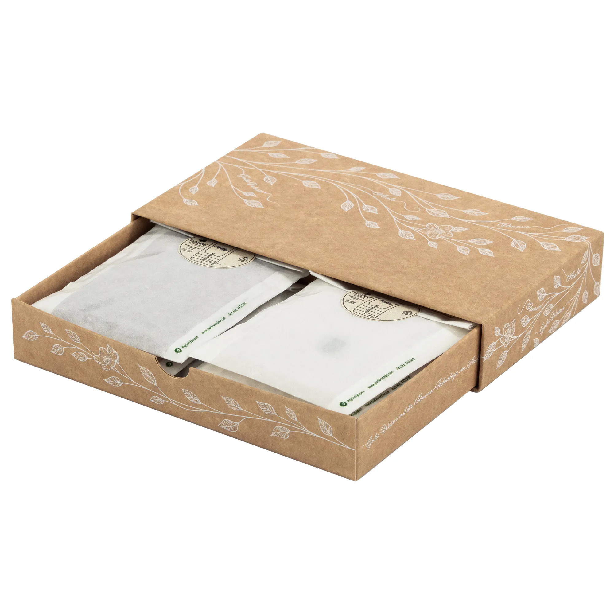 Verpackungskarton mit Beuteln darin für die ReNaWa Nachfüll-Komponenten der Glaskartusche für Acala Stand Wasserfilter.