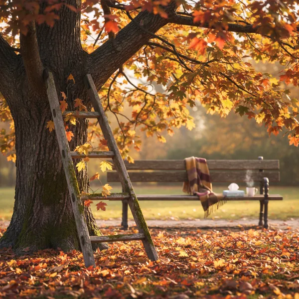 Ein Baum mit Herbstblätter , es ist eine Leiter angelehnt