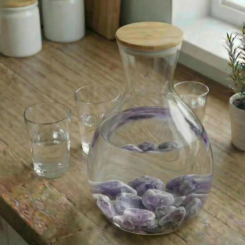 In einer Karaffe liegen Amethysten Die Karaffe steht in einer Küche daneben stehen 3 Gläser