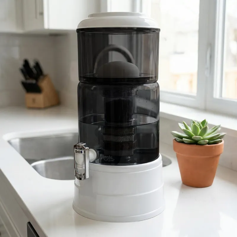 Wasserfilter Mini in Anthrazit mit weißem Decikel und Sockel neben der Spüle