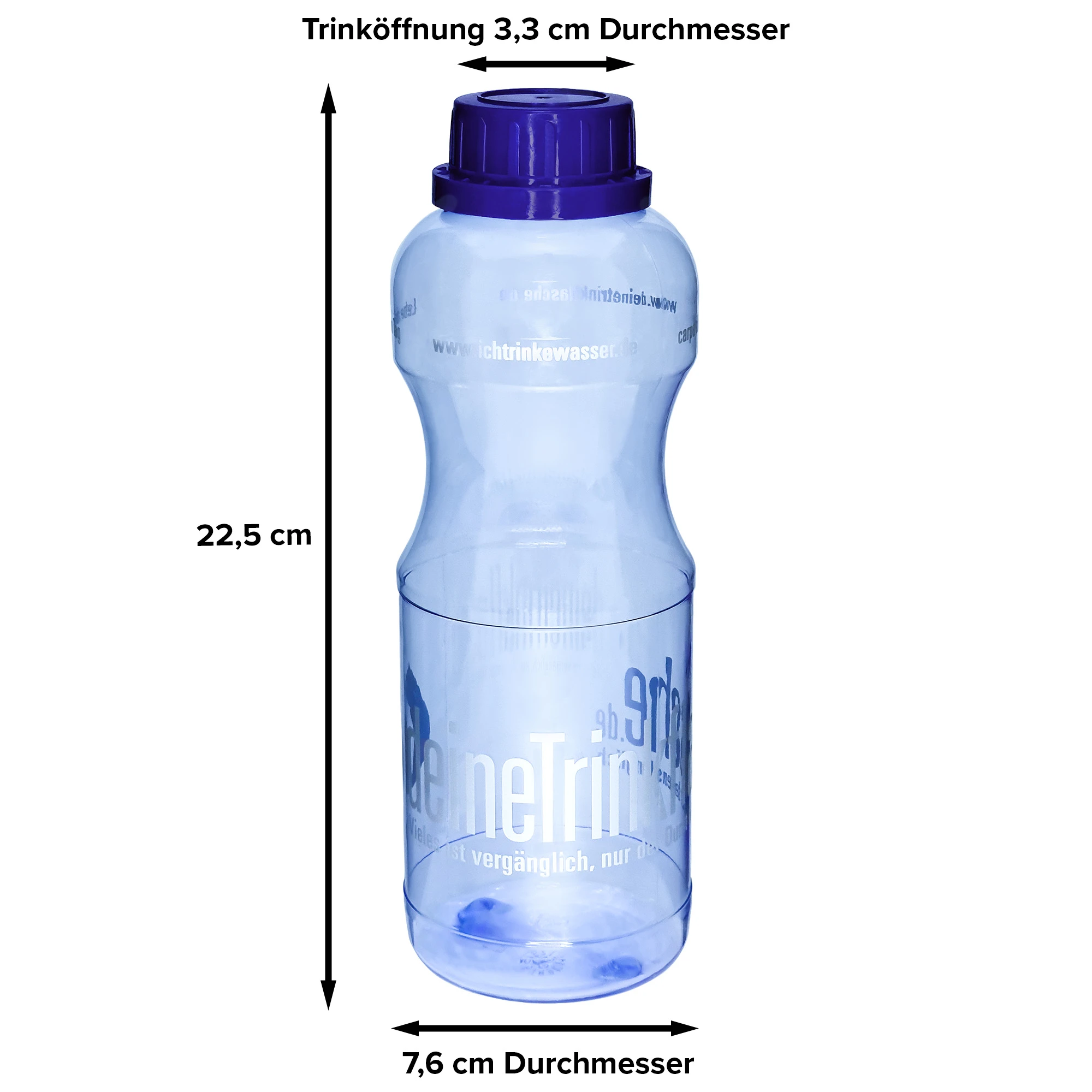 Eine blaue Tritan Trinkflasche Adam 0,75L mit dunkelblauem Schraubdeckel vor weißem Hintergrund. An der Flasche sind mit schwarzen Pfeilen die Maße gekennzeichnet.