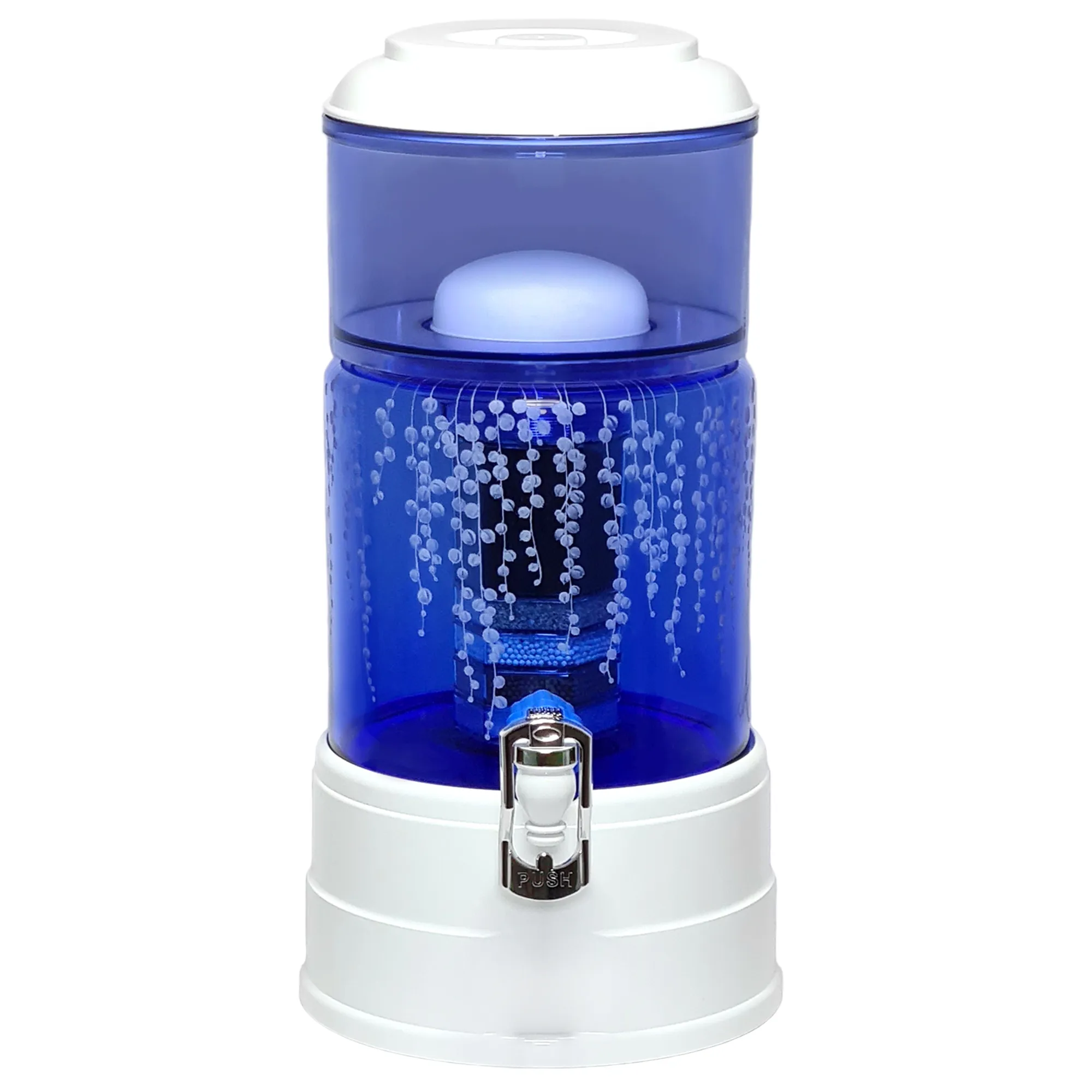 Ein Acala Wasserfilter Mini mit einer Handgravur. Die Gravur zeigt, auf blauem Glas, senecio-rowleyanus, eine Pflanze mit Blättern, die wie Erbsen ausschauen.Ansicht von hinten.