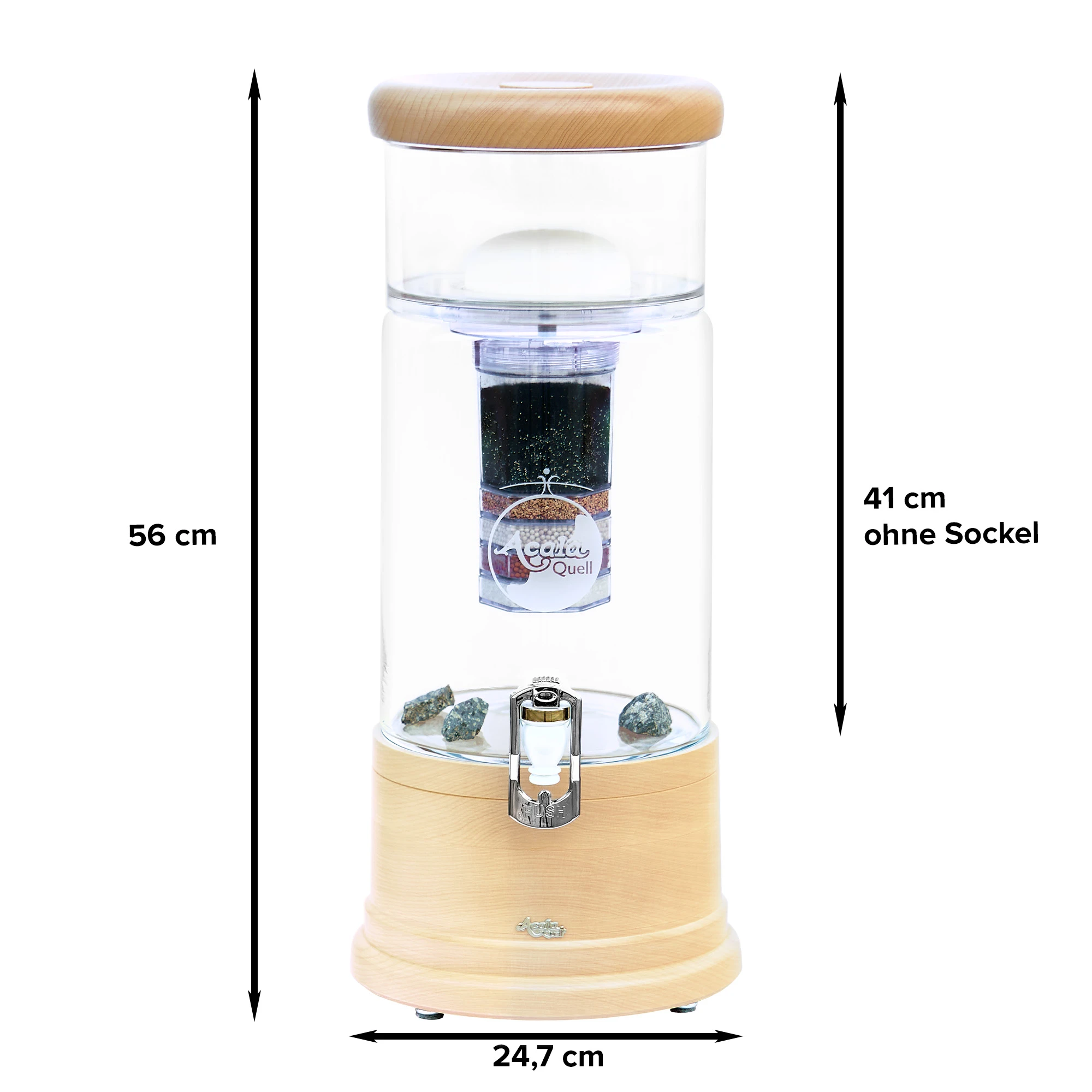 AcalaQuell Midi mit Glastank in kristallklar und Deckel und Sockel aus Ahorn Echtholz, weißer Hintergrund. Mit schwarzen Pfeilen sind die Maße gekennzeichnet.
