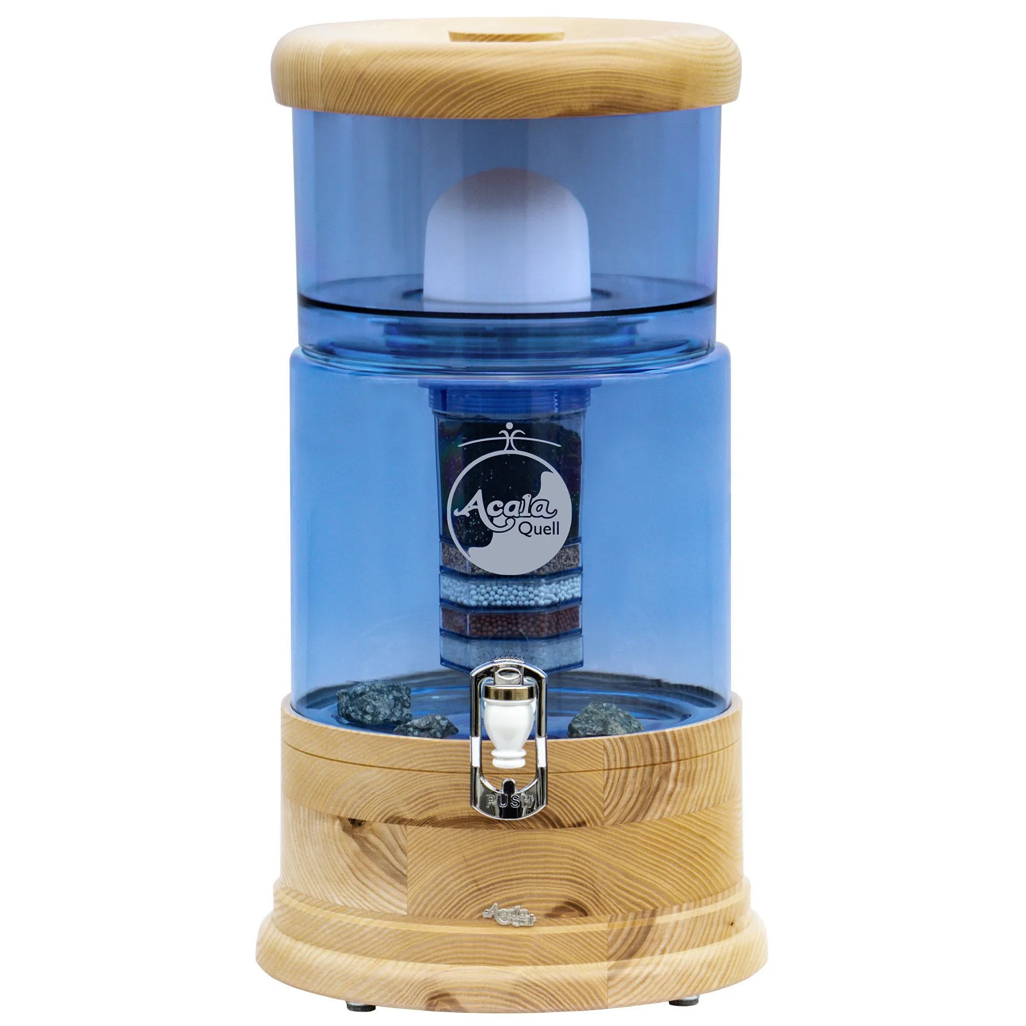 AcalaQuell Smart mit Glastank in blau und Deckel und Sockel aus Esche Echtholz, weißer Hintergrund.