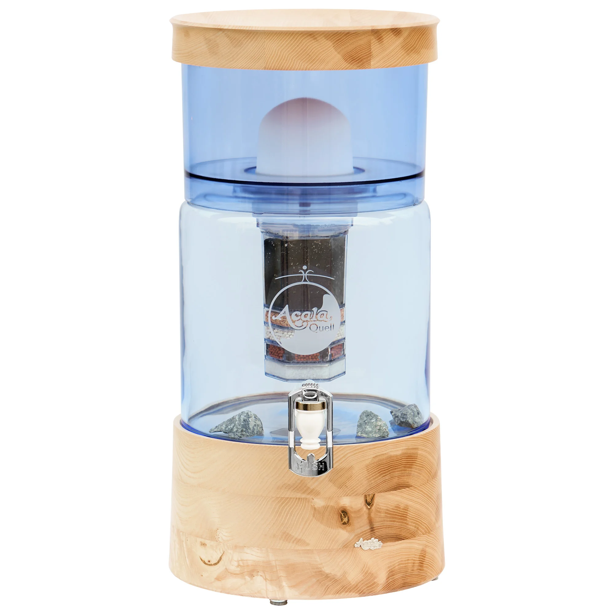 AcalaQuell Smart mit Glastank in blau und Deckel und Sockel aus Esche Echtholz, weißer Hintergrund.