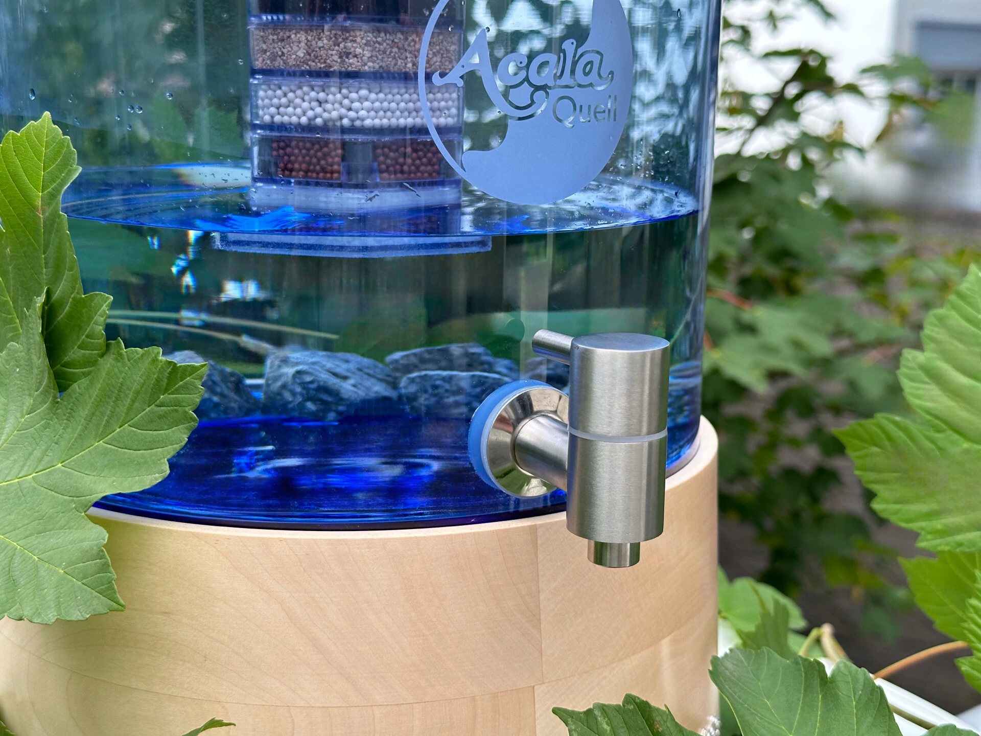 Zu sehen ist ein Standwasserfilter mit Glastank in blau und Ahorn Echtholz Sockel und Deckel. Der Filter steht auf einem weißen Tisch, im Hintergrund sieht man einen grünen Baum, um den Filter herum liegen grüne Blätter.