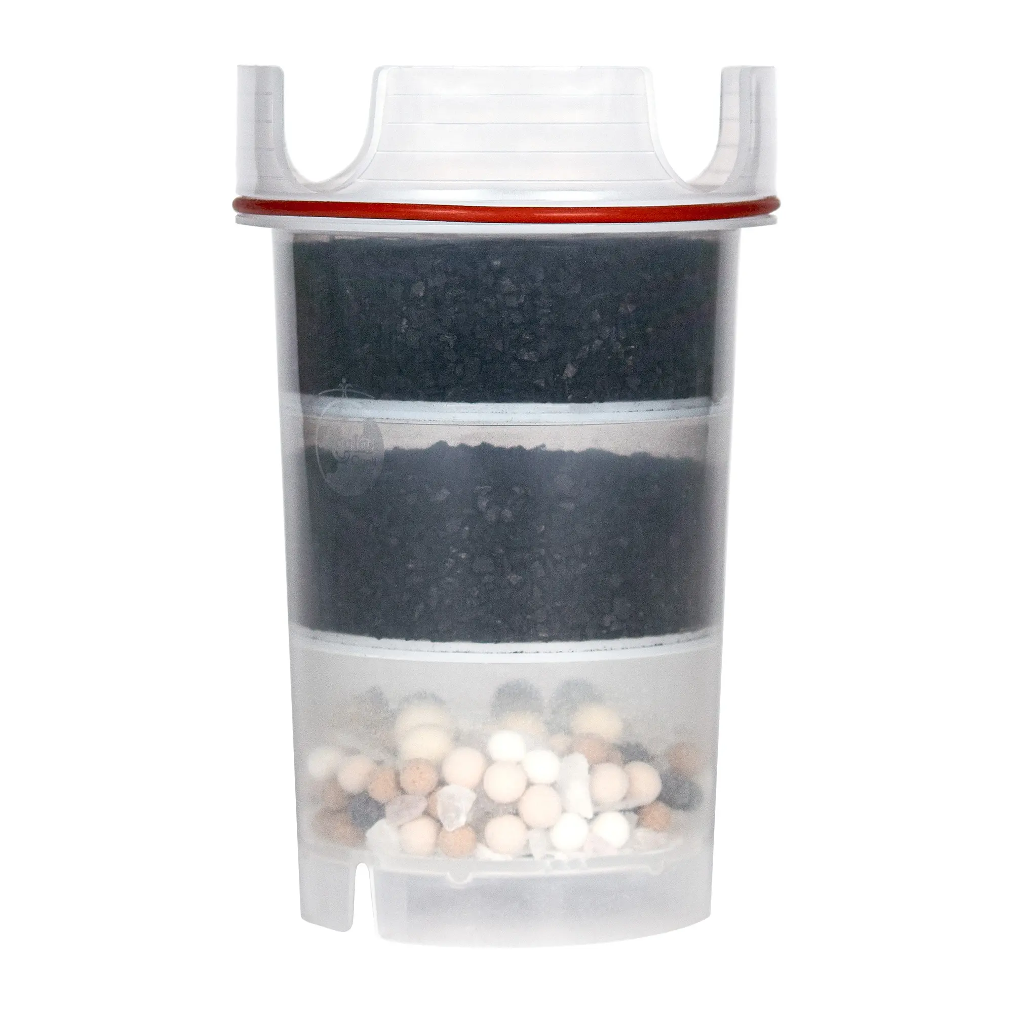 Ein behälter mit 1 schichten, in der  ersten und zwiten schicht ist Aktivkohle und in der letzen schicht ist eine Mischung aus Steinen 