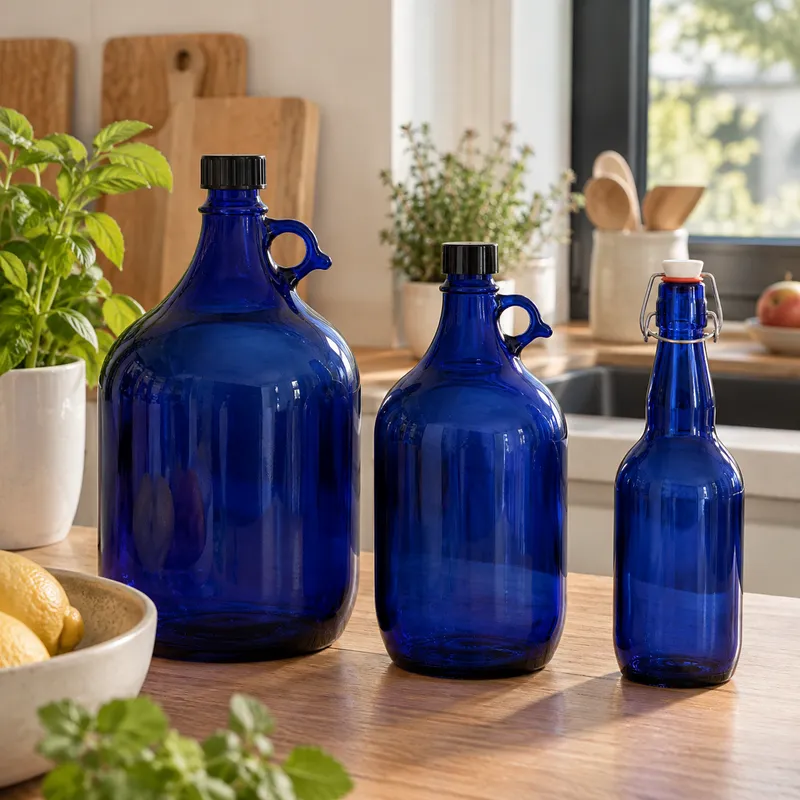 Blauglasflaschen 5Liter,3Liter,0,75 Literin einer Küche