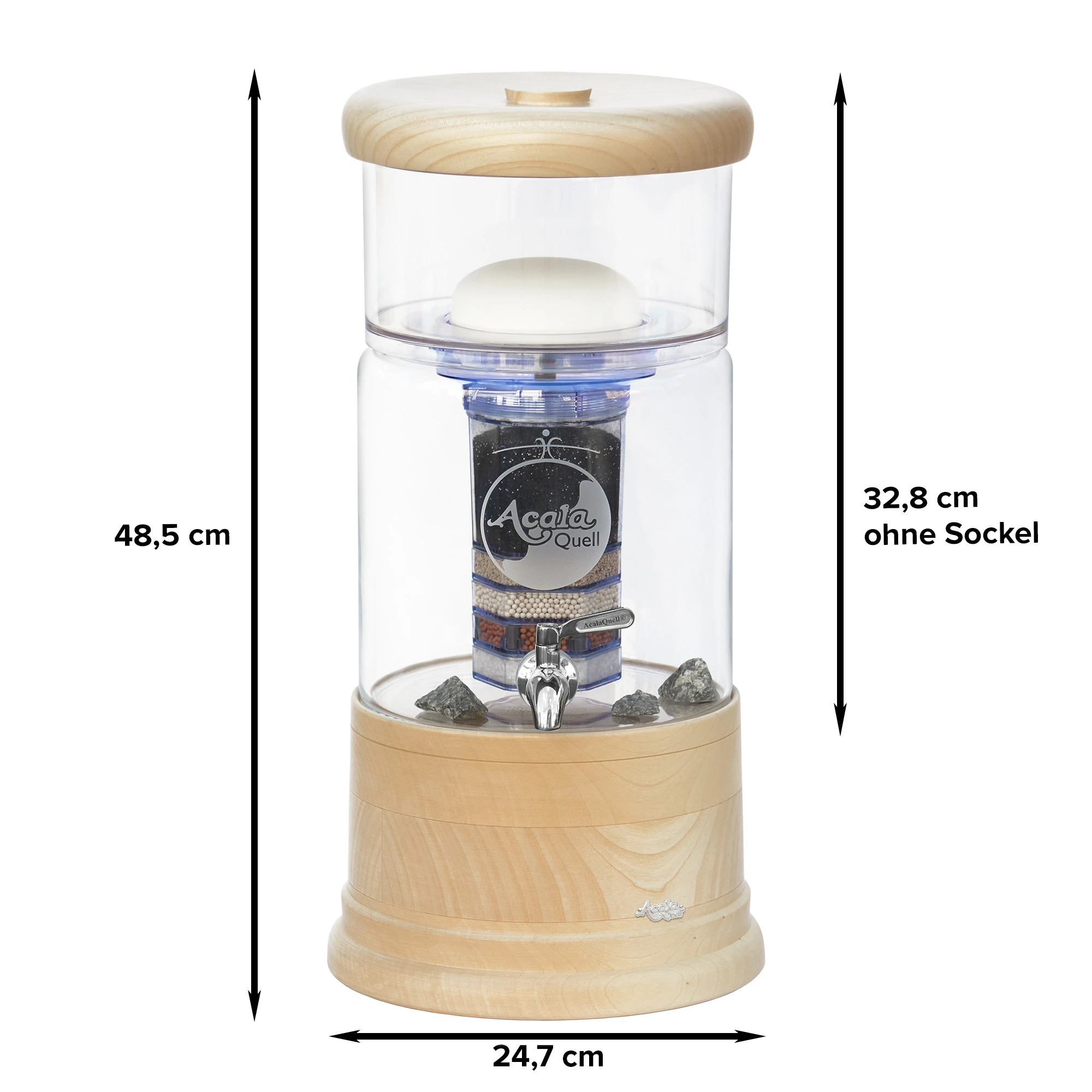 AcalaQuell Mini mit Glastank in kristallklar und Echtholz Deckel und Sockel aus Ahorn, weißer Hintergrund. Mit schwarzen Pfeilen sind die Maße gekennzeichnet.