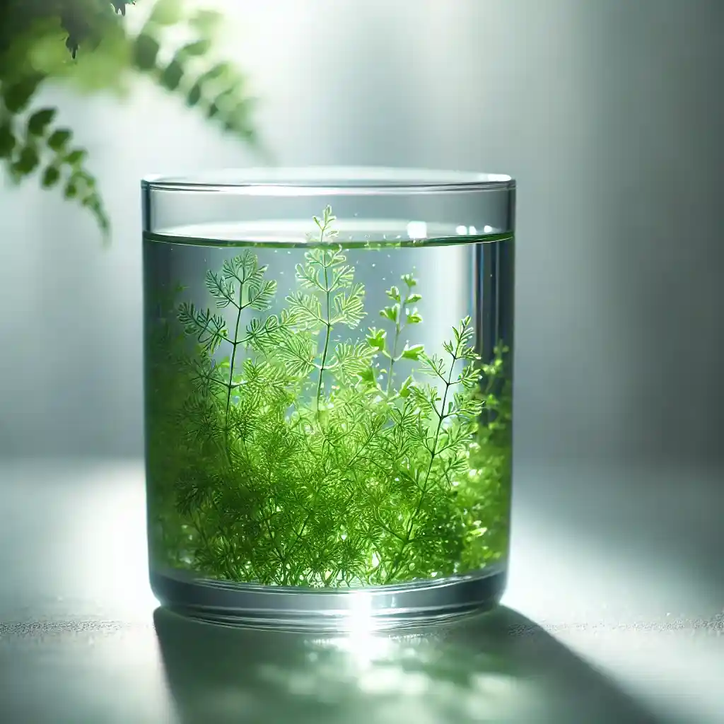 Ein Glas Wasser in dem Algen wachsen