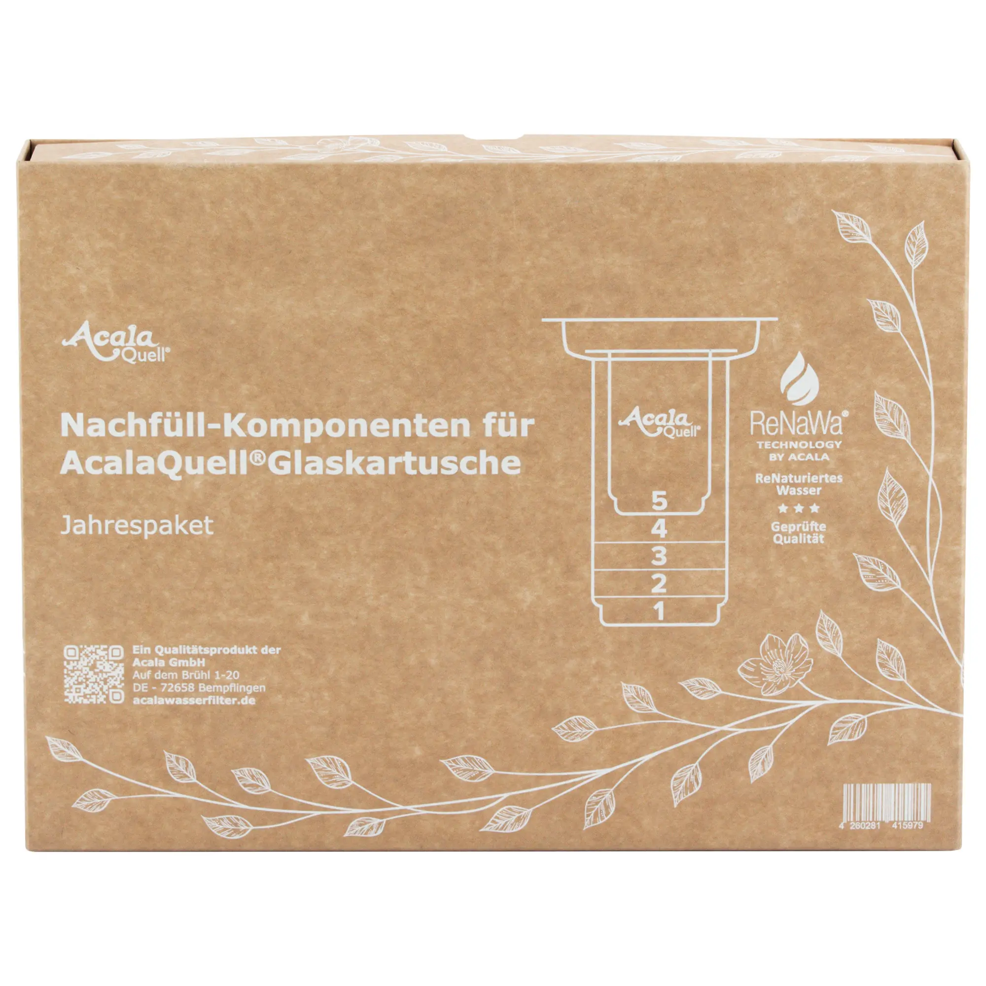 Verpackung für die ReNaWa Nachfüll-Komponenten der Filterkartusche aus Glas von Acala.