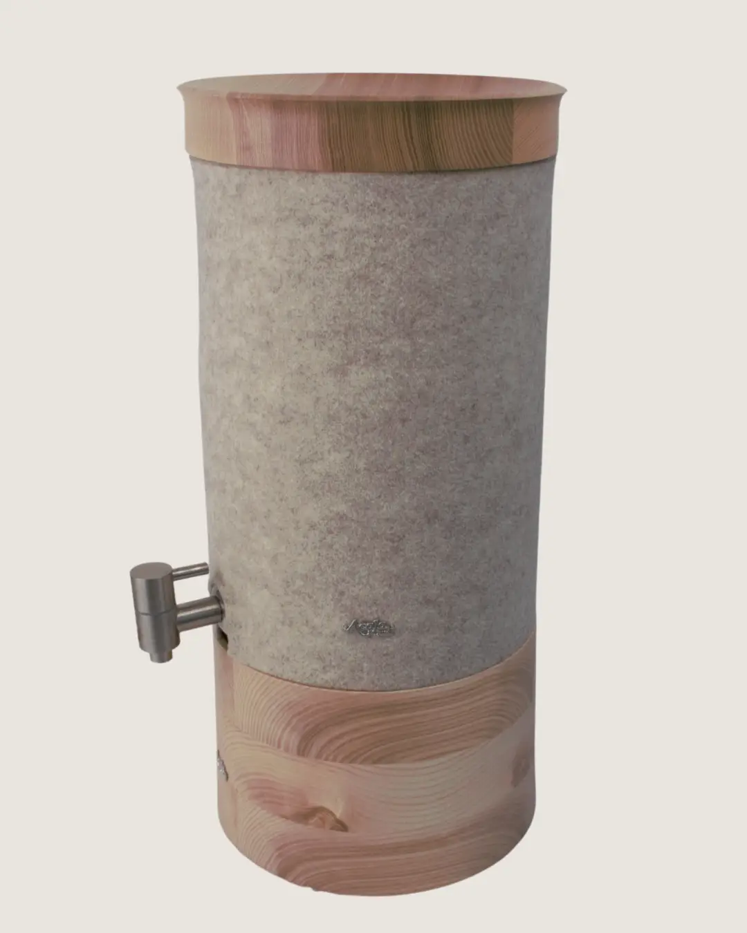 Standwasserfilter Mini von Acala mit Esche Echtholz Deckel und Sockel und Schurwolle Lichtschutz in beige.