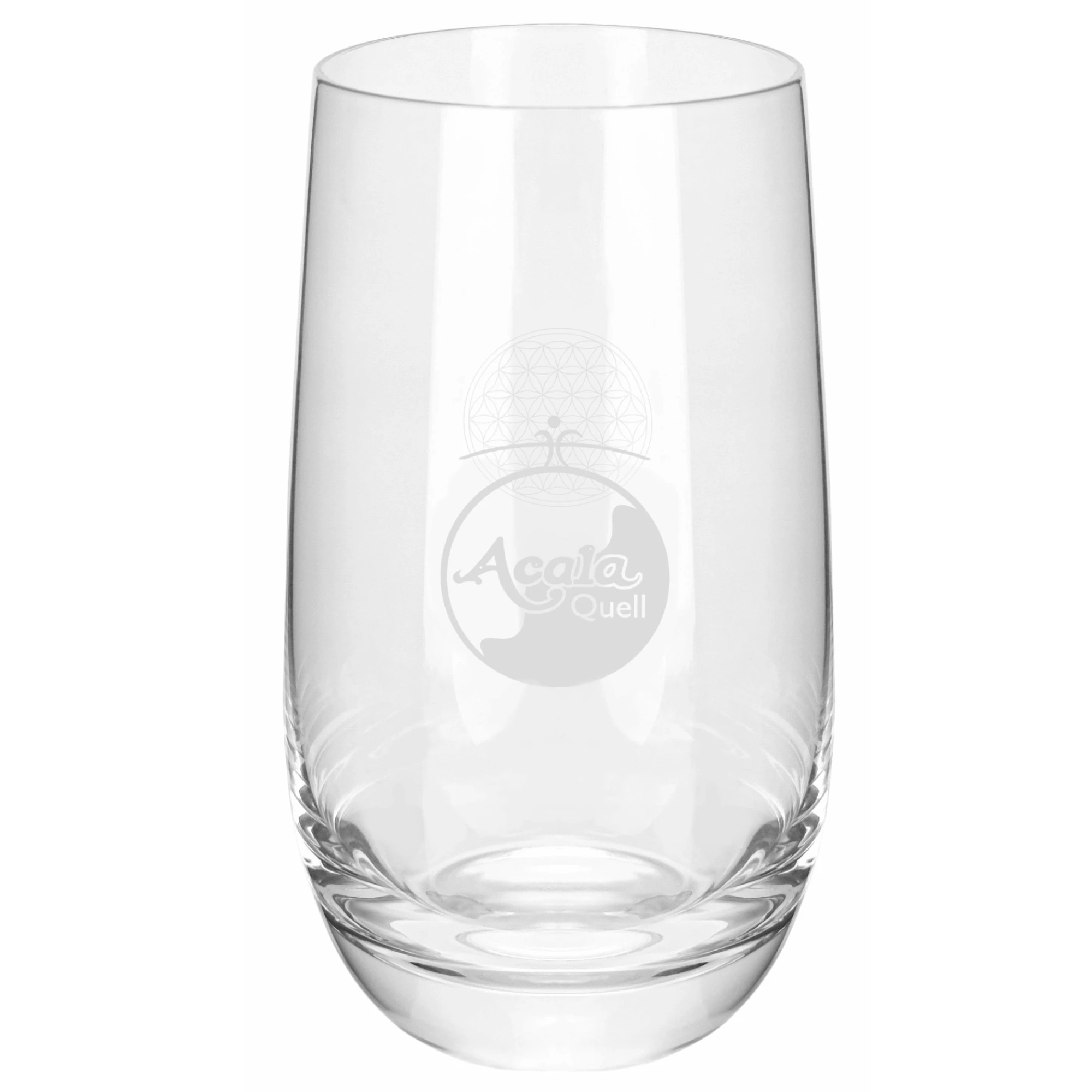 Acala Glas Valentin 350 ml mit Gravur Blume des Lebens Zu sehen ist ein längliches Trinkglas mit der Blume des Lebens auf der einen und Acala Logo auf der anderen Seite. Das Bild zeigt das Trinkglas Valentin von Acala.