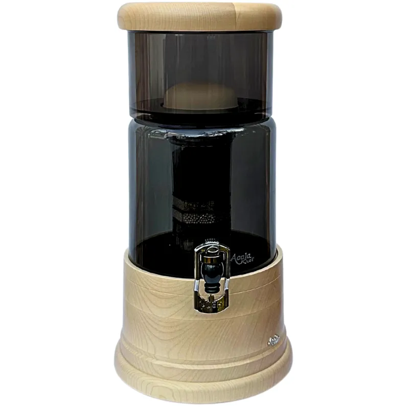 Antrazitfarbener AcalaQuell Mini mit Glasbehälter in Antrazit und rundem Deckel und Sockel aus massivem Ahornholz.