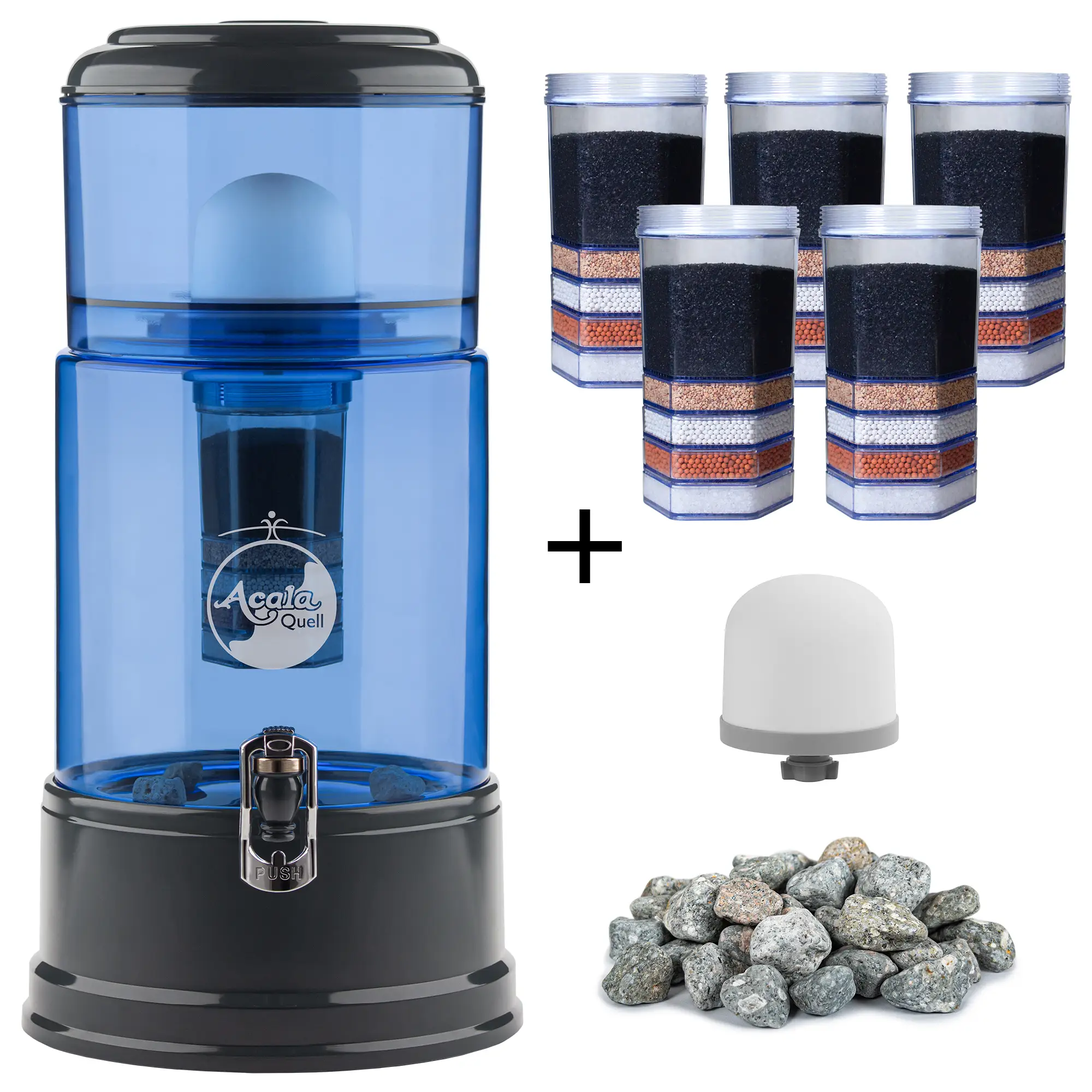 großes Einsteigerpaket AcalaQuell® Grande Blau/Anthrazit Zu sehen ist der Acala Grande in blau-anthrazit inklusive einer Filterkartusche und einem Keramikfilter. Zusätzlich sieht man 5 Filterkartuschen, einen Keramikfilter und einen Haufen Mineralsteine. Man sieht das große Einsteigerpaket für zwei Jahre.