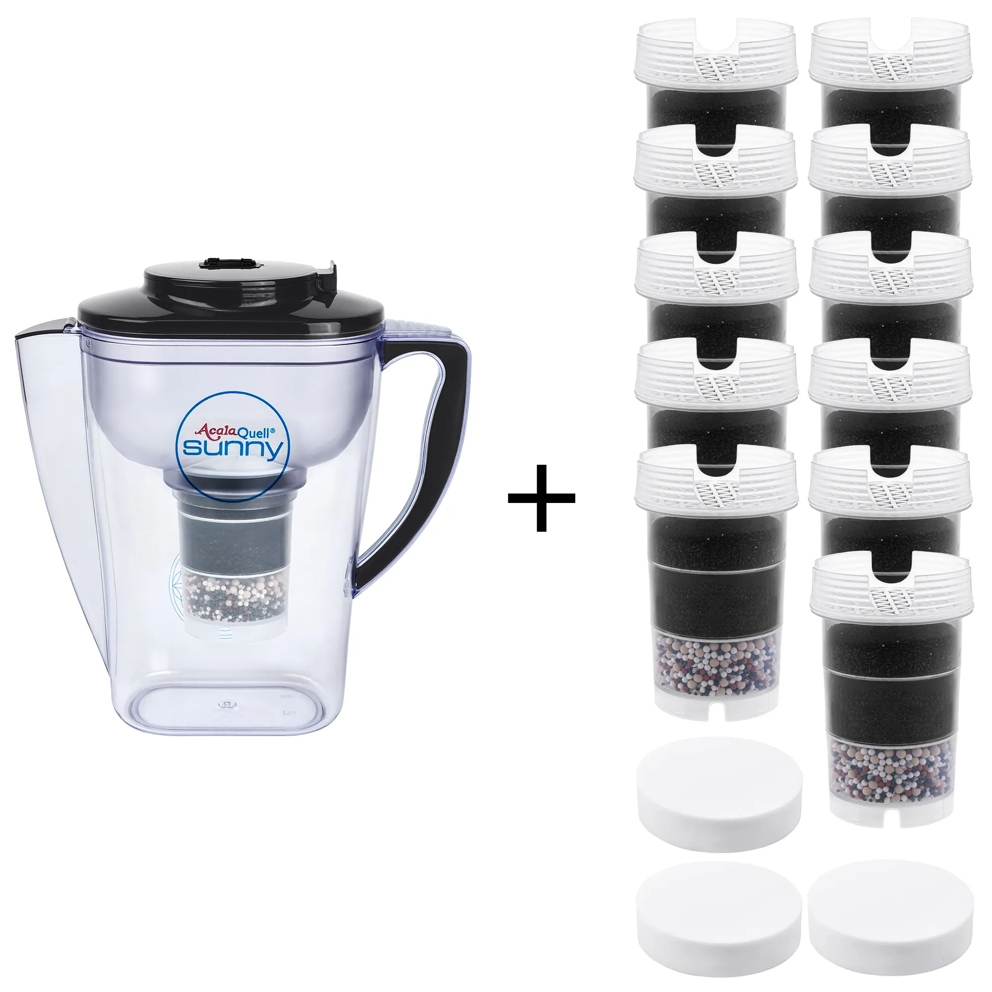Acala Quell Kannen Wasserfilter Sunny mit Deckel und Griff in anthrazit inklusive einer Filterkartusche und einem Mikroschwamm plus elf Filterkartuschen und 3 Mikroschwämme. Mit diesem großen Einsteigerpaket ist man für zwei Jahre versorgt.