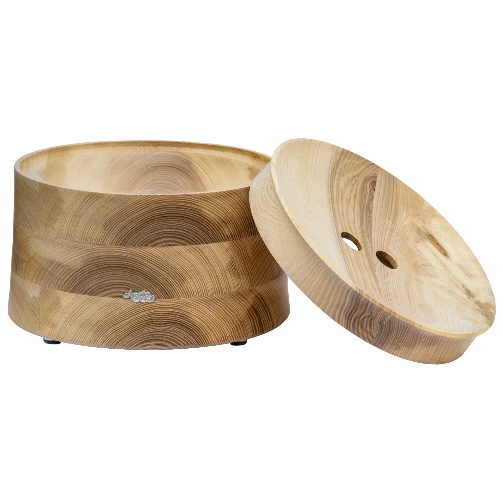 Für  AcalaQuell® Mini und Midi: Echtholzdeckel und Sockel aus Esche flach Sockel und Deckel aus Esche Echtholz für die Acala Stand Wasserfilter vor weißem Hintergrund.
