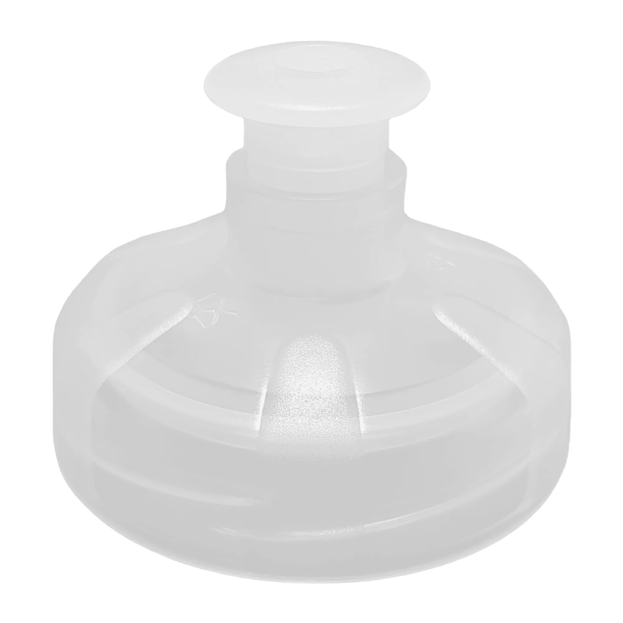 Zu sehen ist ein transparenter Push Pull Sport Deckel für die Acala Tritan Trinkflaschen Grip und 8 Kant vor weißem Hintergrund. Der kleine Verschluss, der nach oben gezogen wird ist geöffnet.