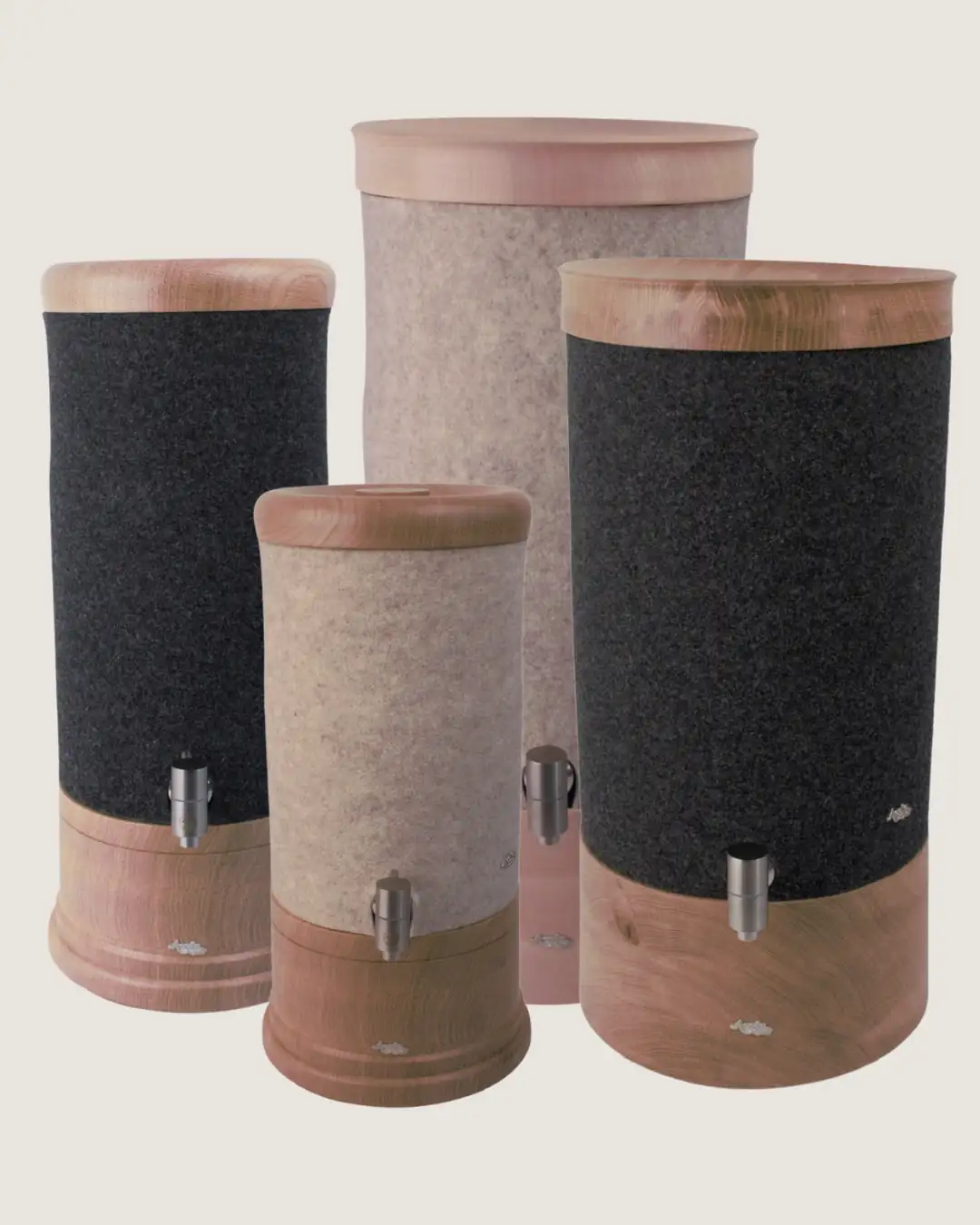 4 verschiedene Standfilter von Acala mit Echtholz Deckel und Sockel, 2 mit Schurwolle Lichtschutz in beige und 2 mit Schurwolle Lichtschutz in anthrazit.