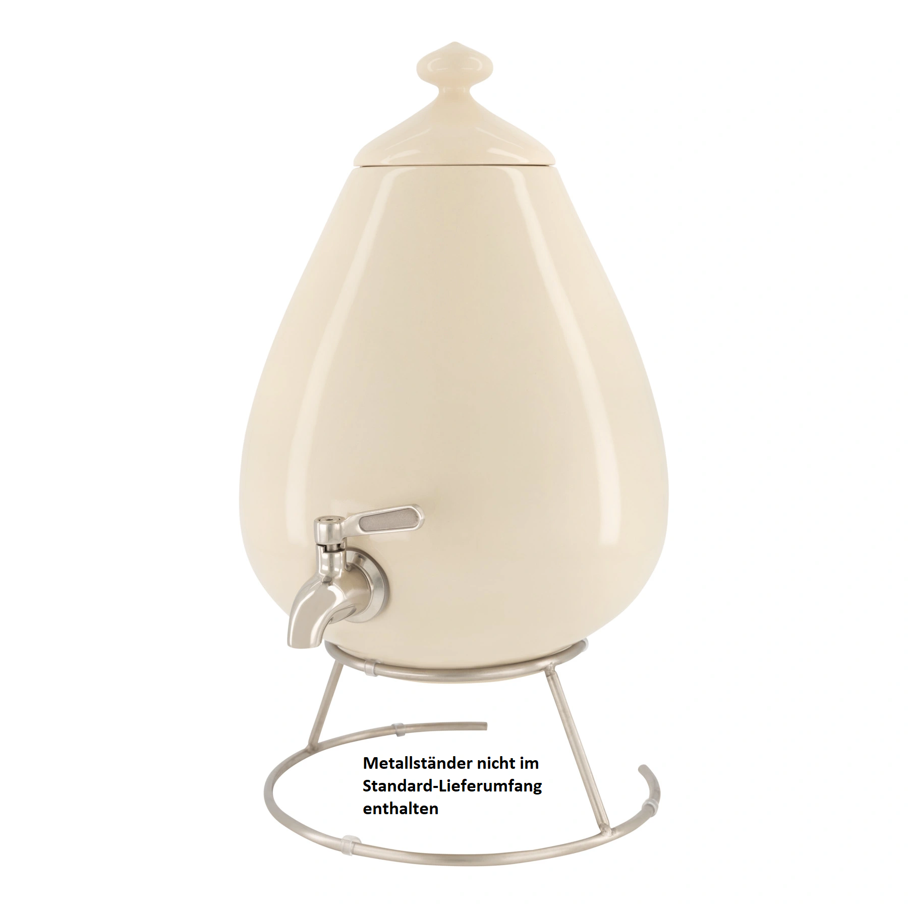 Zu sehen ist ein 5L Porzellan Ei aus Handarbeit von Acala vor weißem Hintergrund. Es ist beige, steht auf einem Metallständer und hat einen Yakawa Edelstahl Wasserhahn verbaut.