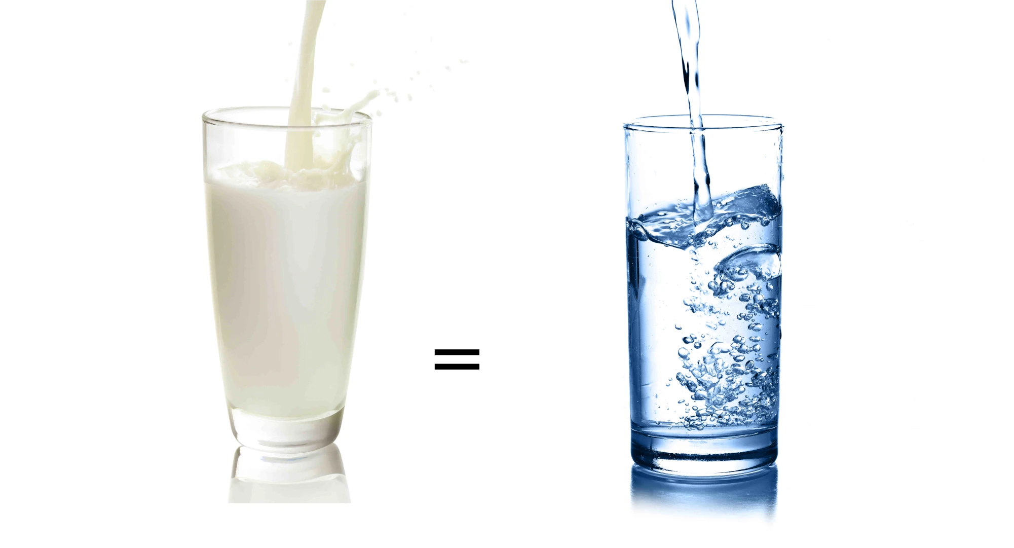 Das Bild zeigt 2 klare Glasgläser nebeneinander,in das linke wird Milch eingegossen und in ds Rechte Wasser