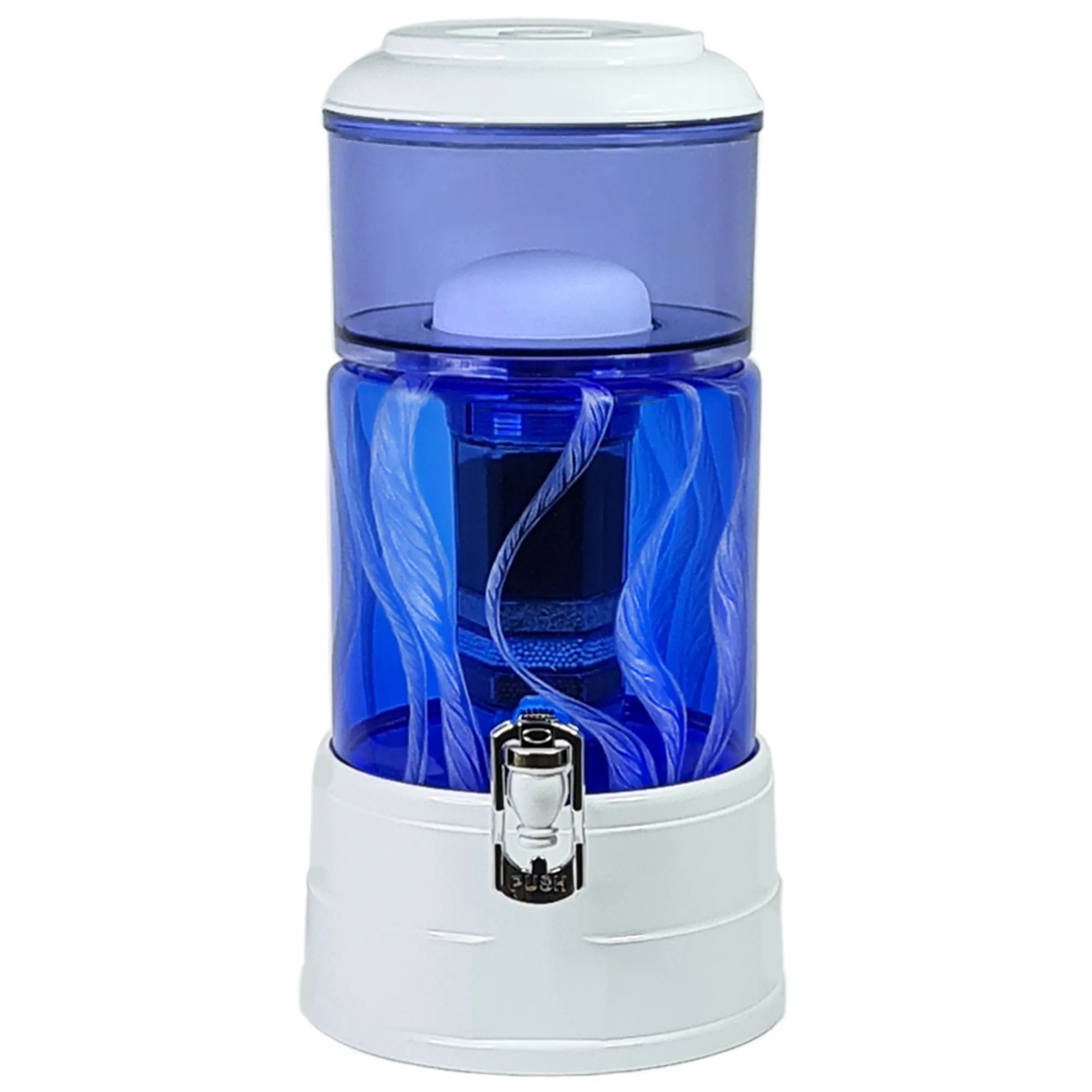 Ein Glastank für Wasserfilter Mini mit einer Handgravur. Die Gravur zeigt, auf blauem Glas. Wellen die in welligen Linien gerade am Glas noch oben gehen, die Wellen verteilen sich rund um das runde Glas. 