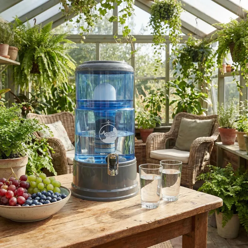 Wasserfilter in blau mit Anthrazitfarbenem Deckel und Sockel steht auf einem Tisch im Gewächshaus Links daneben eine Schale mit Trauben und Blaubeeren rechts daneben 2 halbvolle Wassergläser