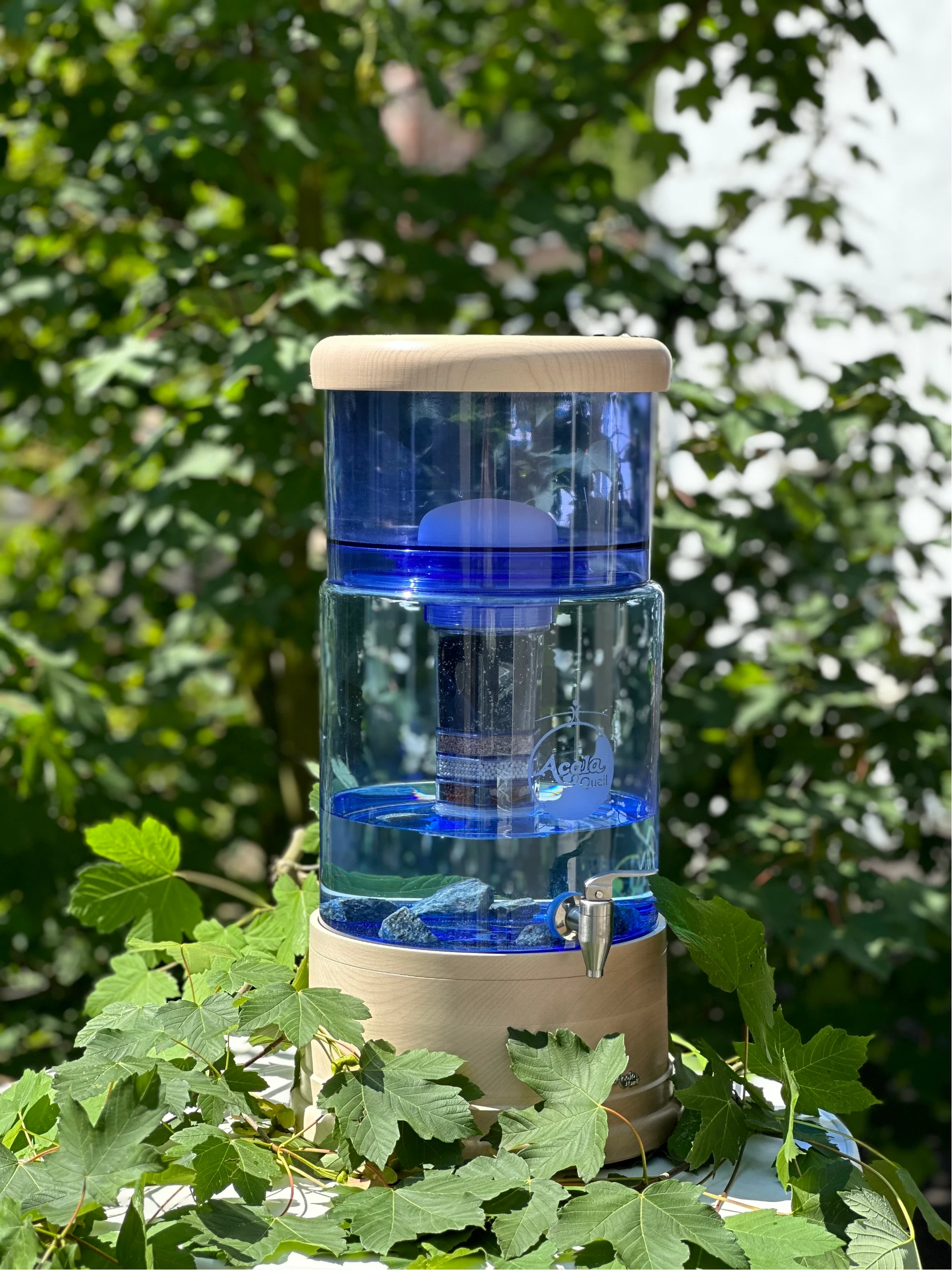 Zu sehen ist ein Standwasserfilter mit Glastank in blau und Ahorn Echtholz Sockel und Deckel. Der Filter steht auf einem weißen Tisch, im Hintergrund sieht man einen grünen Baum, um den Filter herum liegen grüne Blätter. 