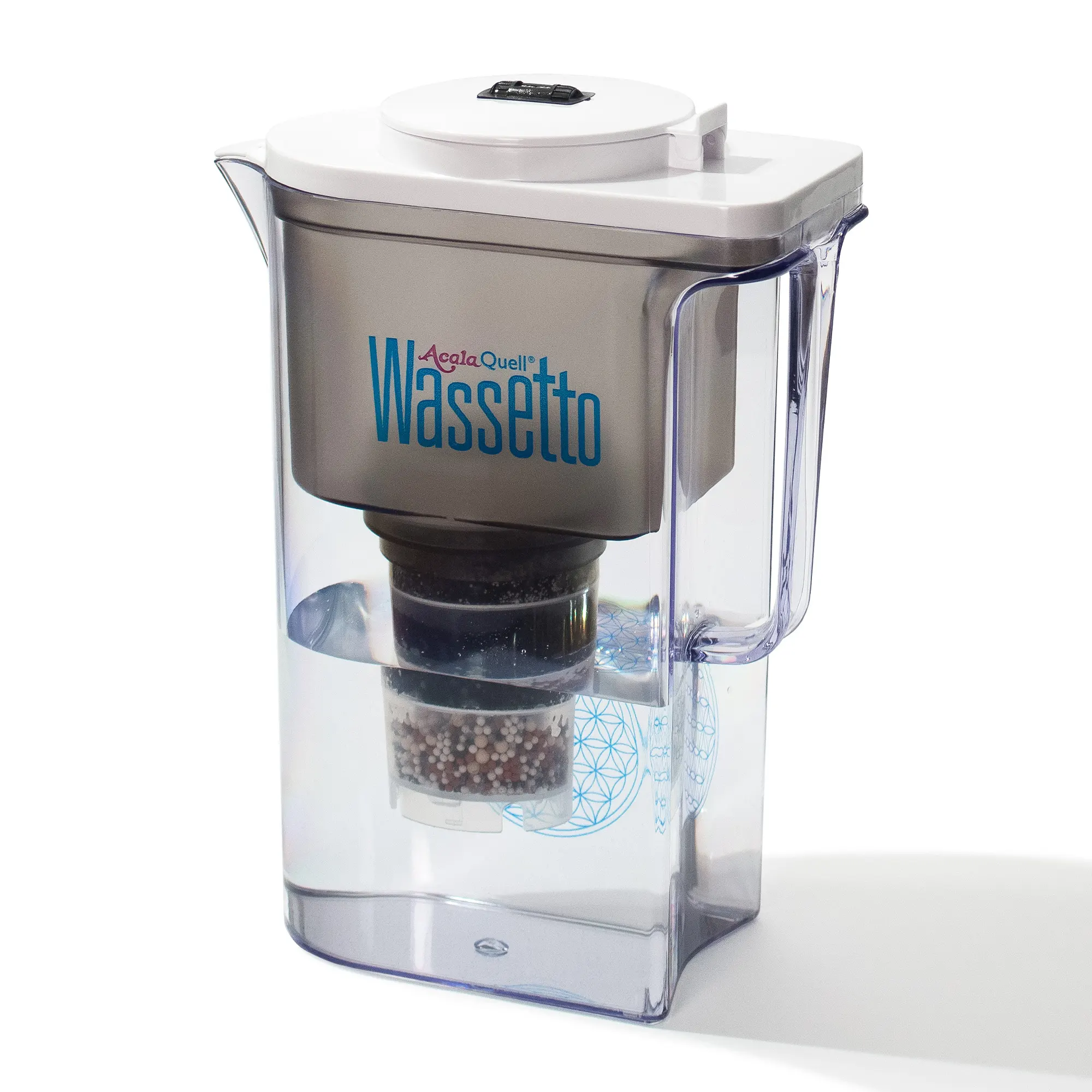 Kannenfilter Wassetto mit Kartusche, Mikroschwamm und leckerem, gefiltertem Wasser im unteren Tank