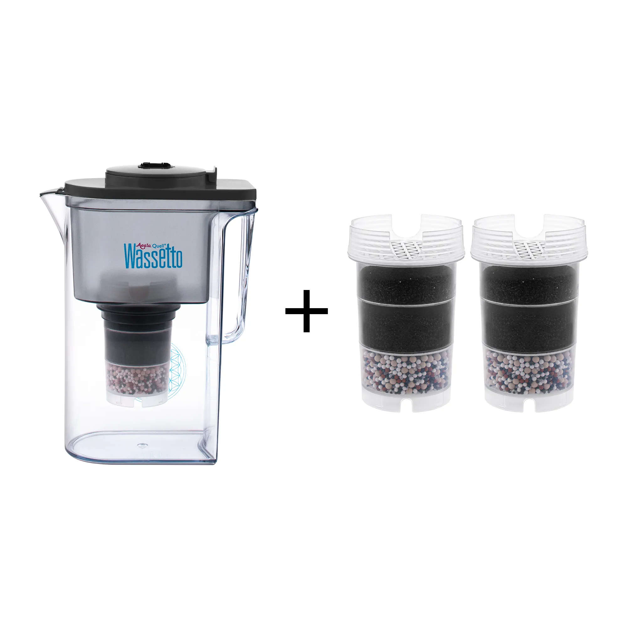 Acala Quell Kannen Wasserfilter Wassetto mit Deckel in anthrazit inklusive einer Filterkartusche und einem Mikroschwamm plus zwei Filterkartuschen. Mit diesem kleinen Einsteigerpaket ist man für ein halbes Jahr versorgt.