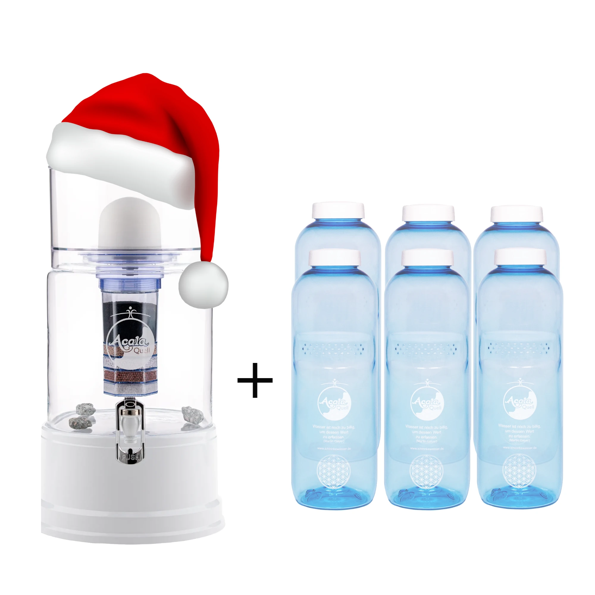 Standwasserfilter von Acala mit Glastank in kristallklar, Deckel, Sockel und Wasserhahn in weiß. Daneben sechs blaue Tritan Trinkflaschen mit weißem Schraubdeckel. Der Filter hat eine Weihnachtsmann Mütze auf. Das Bild zeigt ein Weihnachtsangebot.