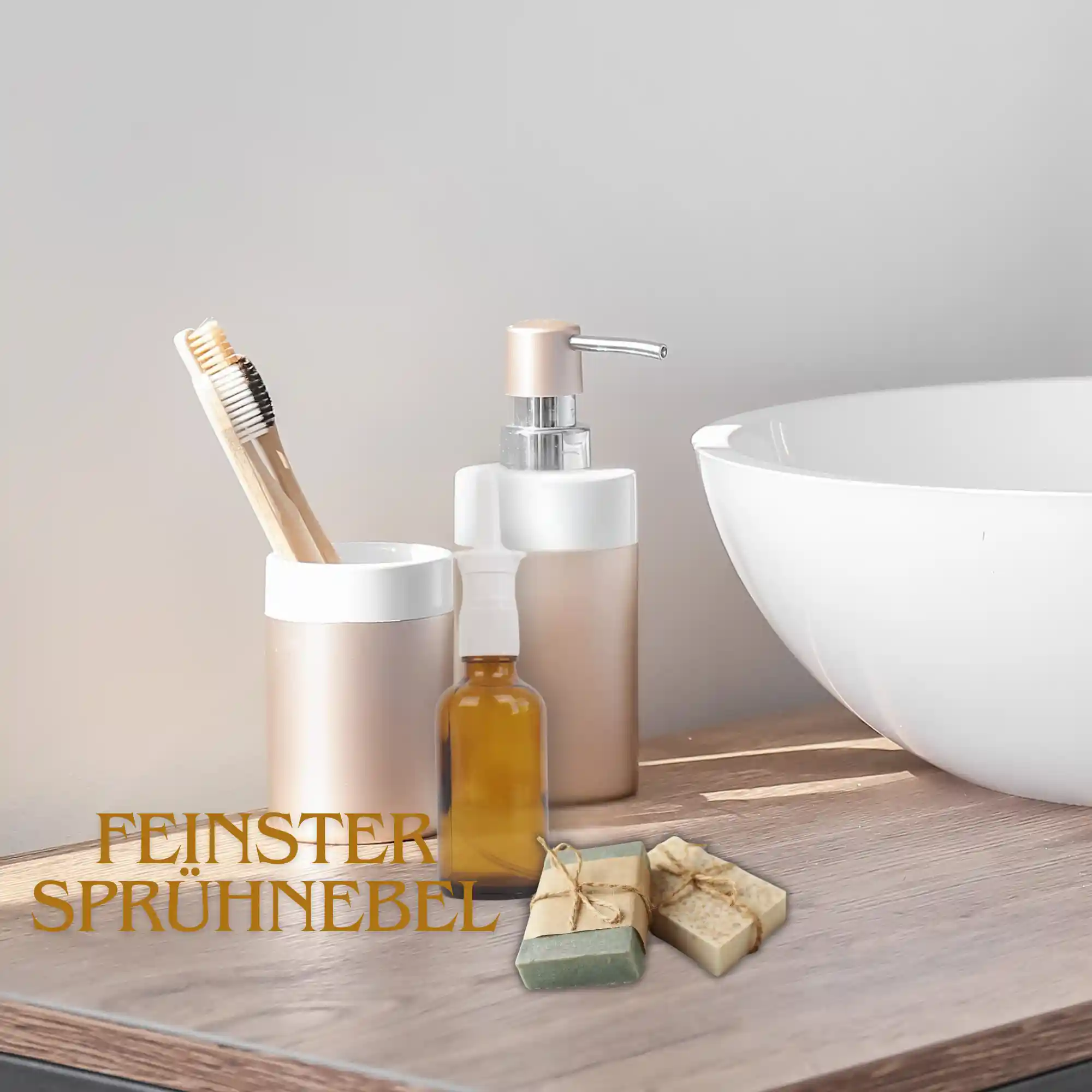 ausschnitt Badezimmer im Vordergund eine kleine Flasche aus braunem Glas mit Sprühaufsatz für nasen