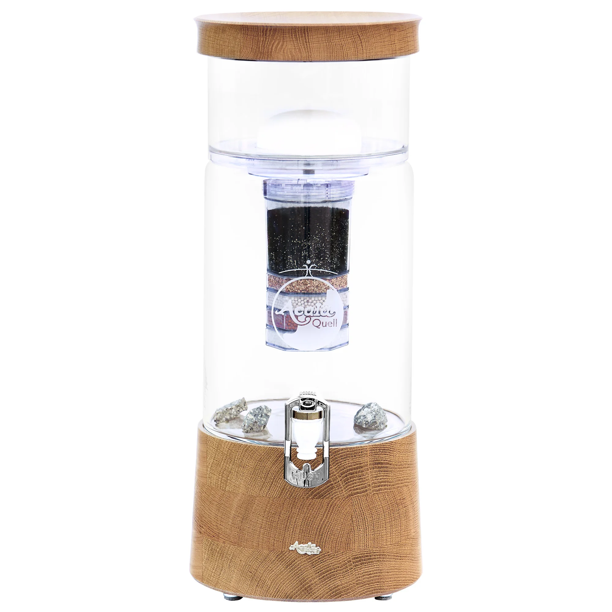 AcalaQuell® Midi Echtholz Eiche flach mit klarem Glas AcalaQuell Midi mit Glastank in kristallklar und Deckel und Sockel aus Eiche Echtholz, weißer Hintergrund.