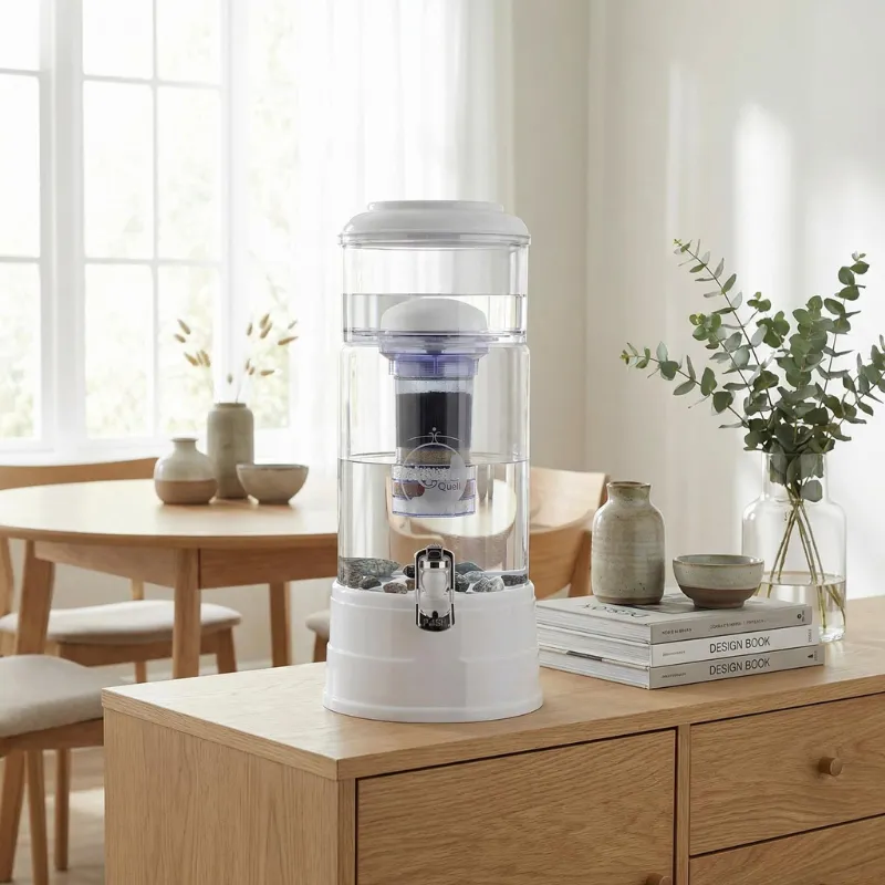 Wasserfilter in Kristallklarem Glas steht in einem Esszimmer auf einer Kommode