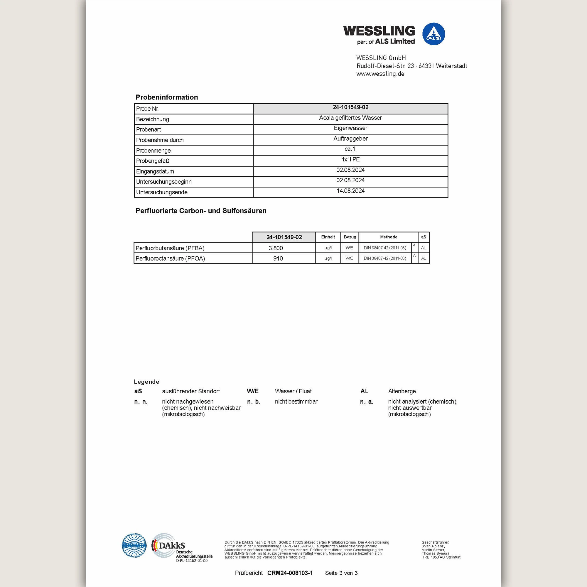 Seite 3 PFAS Labortest AcalaQuell Wasserfilter.