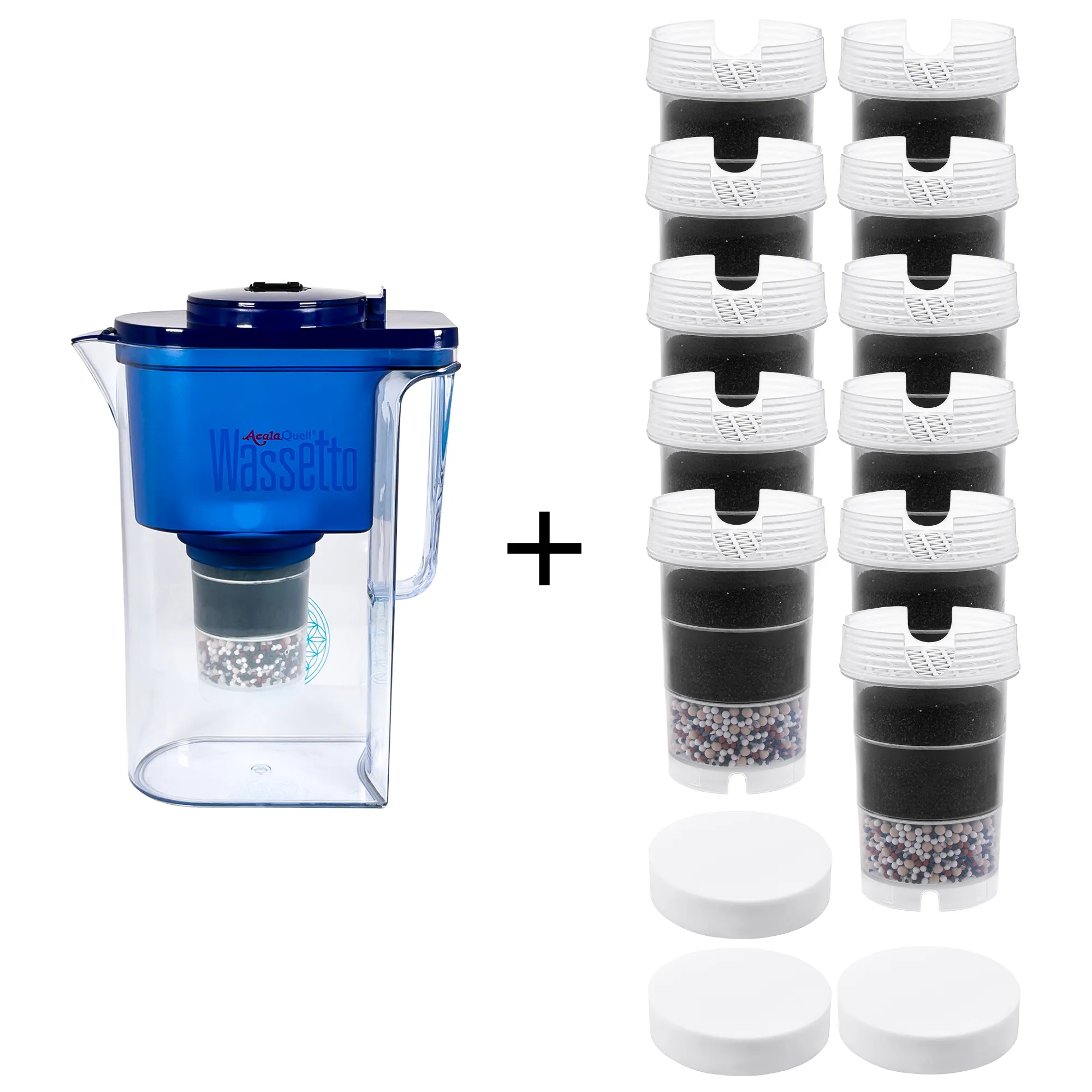 Acala Quell Kannen Wasserfilter Wassetto mit Deckel in dunkelblau inklusive einer Filterkartusche und einem Mikroschwamm plus elf Filterkartuschen und 3 Mikroschwämme. Mit diesem großen Einsteigerpaket ist man für zwei Jahre versorgt.