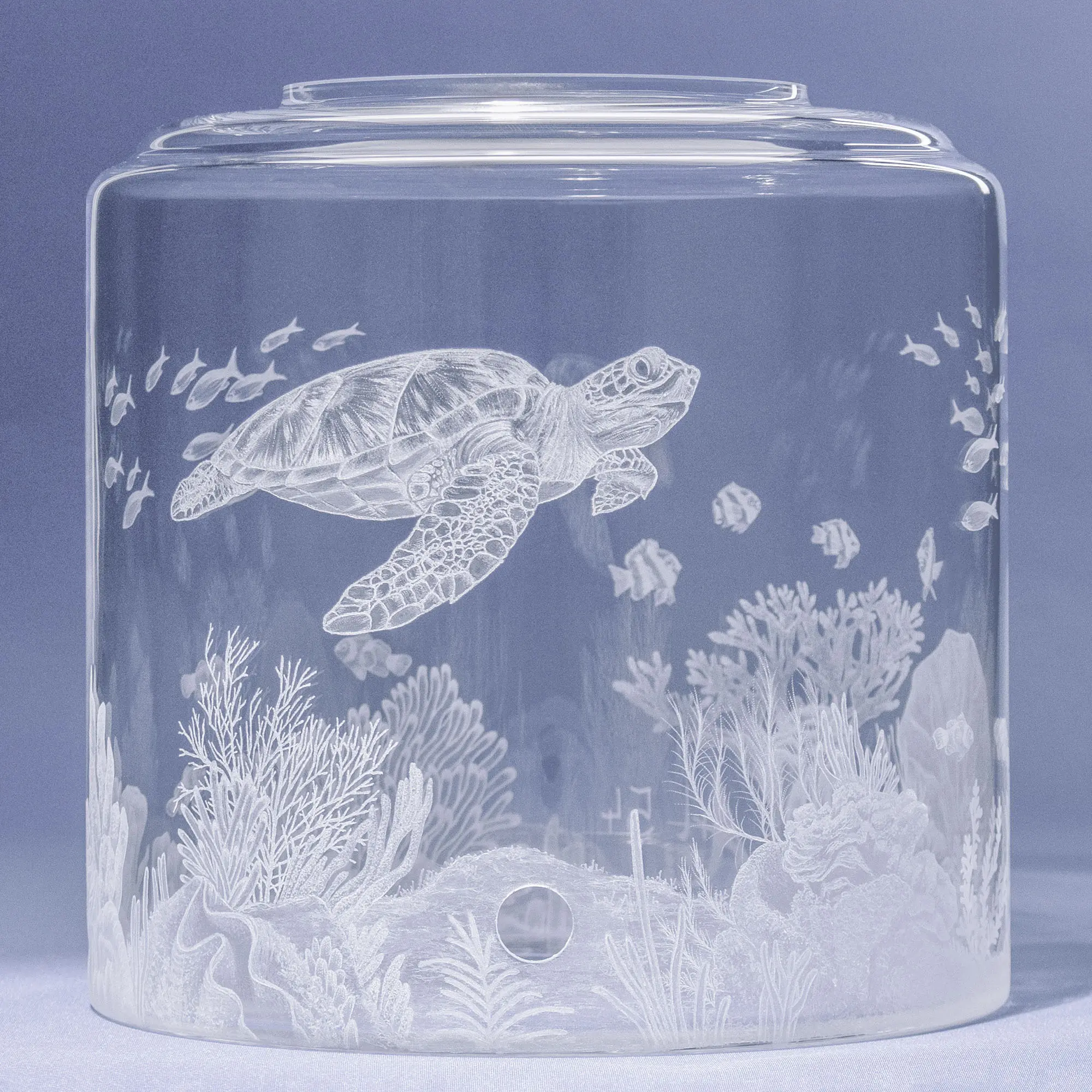 Auf dem Bild ist ein Wassertank für Acala Wasserfilter mit einer Handgravur die ein Riff mit Fischen,Korallen und einer schönen Schildkröte dargestellt wird
