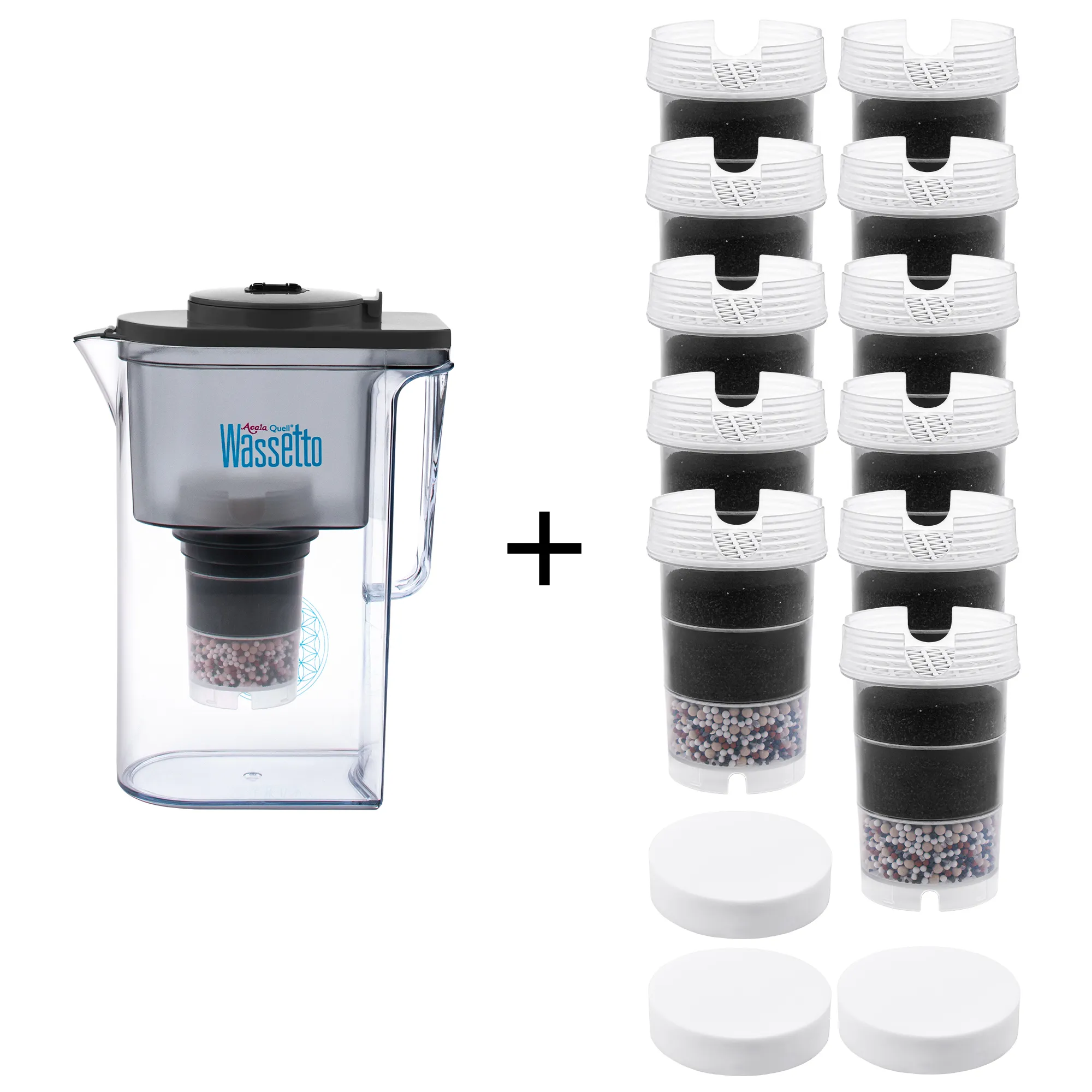 Acala Quell Kannen Wasserfilter Wassetto mit Deckel in anthrazit inklusive einer Filterkartusche und einem Mikroschwamm plus elf Filterkartuschen und 3 Mikroschwämme. Mit diesem großen Einsteigerpaket ist man für zwei Jahre versorgt.
